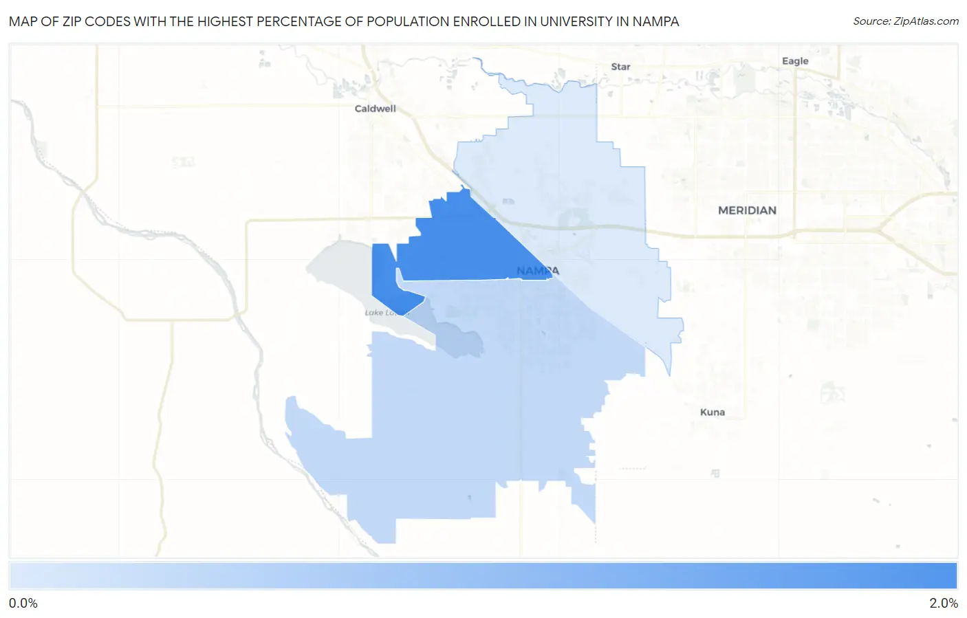 Zip Codes with the Highest Percentage of Population Enrolled in University in Nampa Map