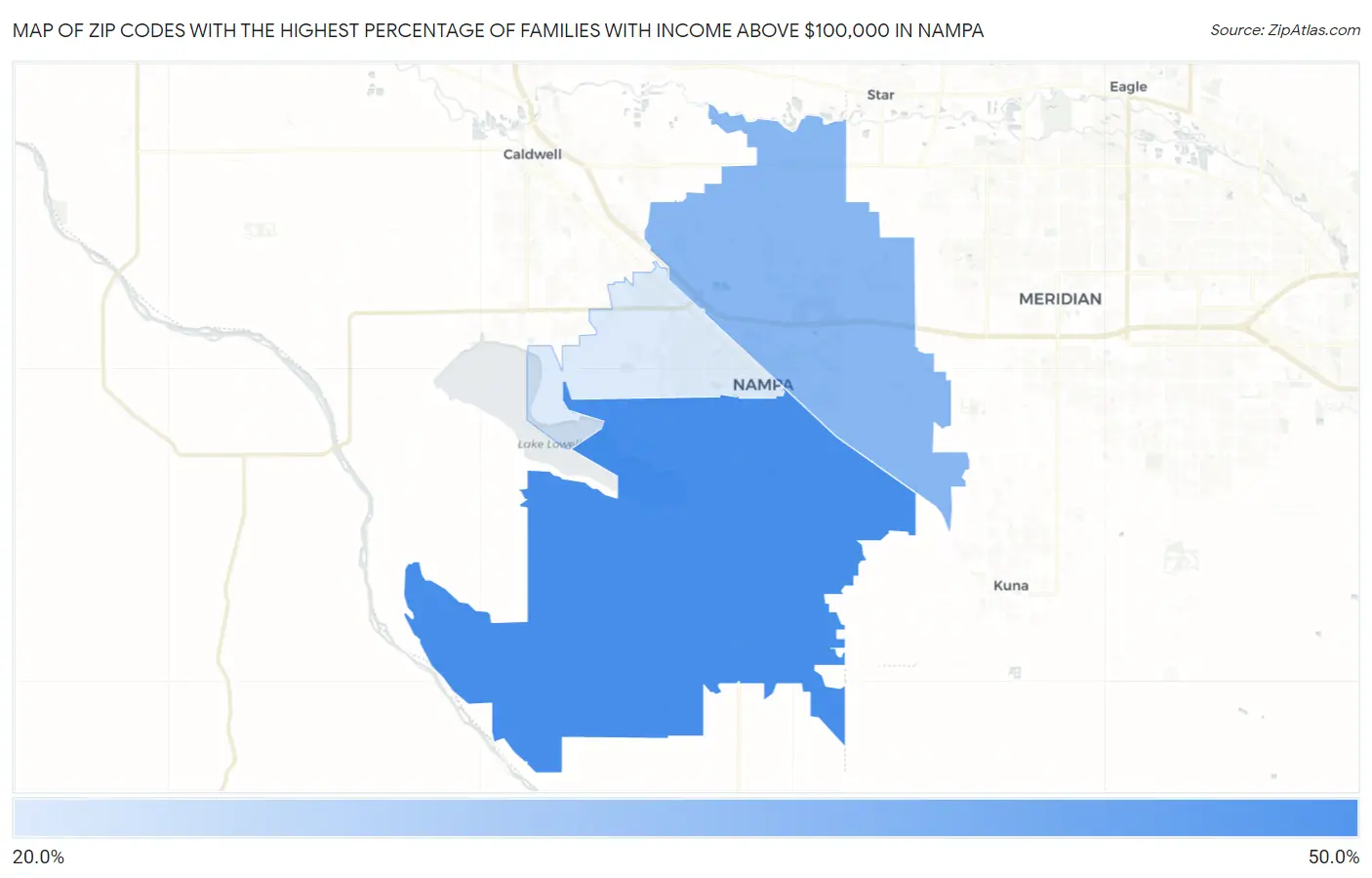 Zip Codes with the Highest Percentage of Families with Income Above $100,000 in Nampa Map
