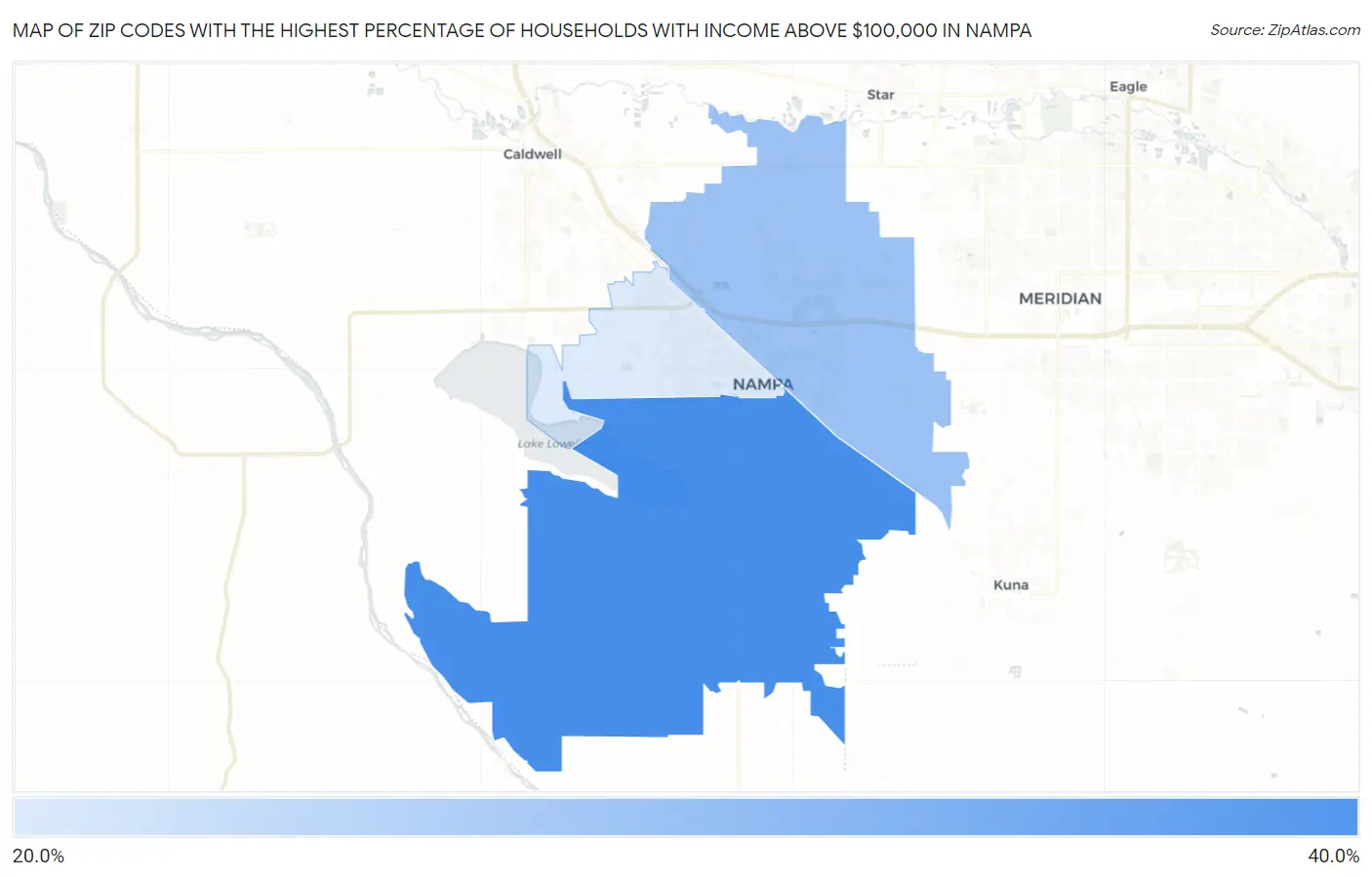 Zip Codes with the Highest Percentage of Households with Income Above $100,000 in Nampa Map