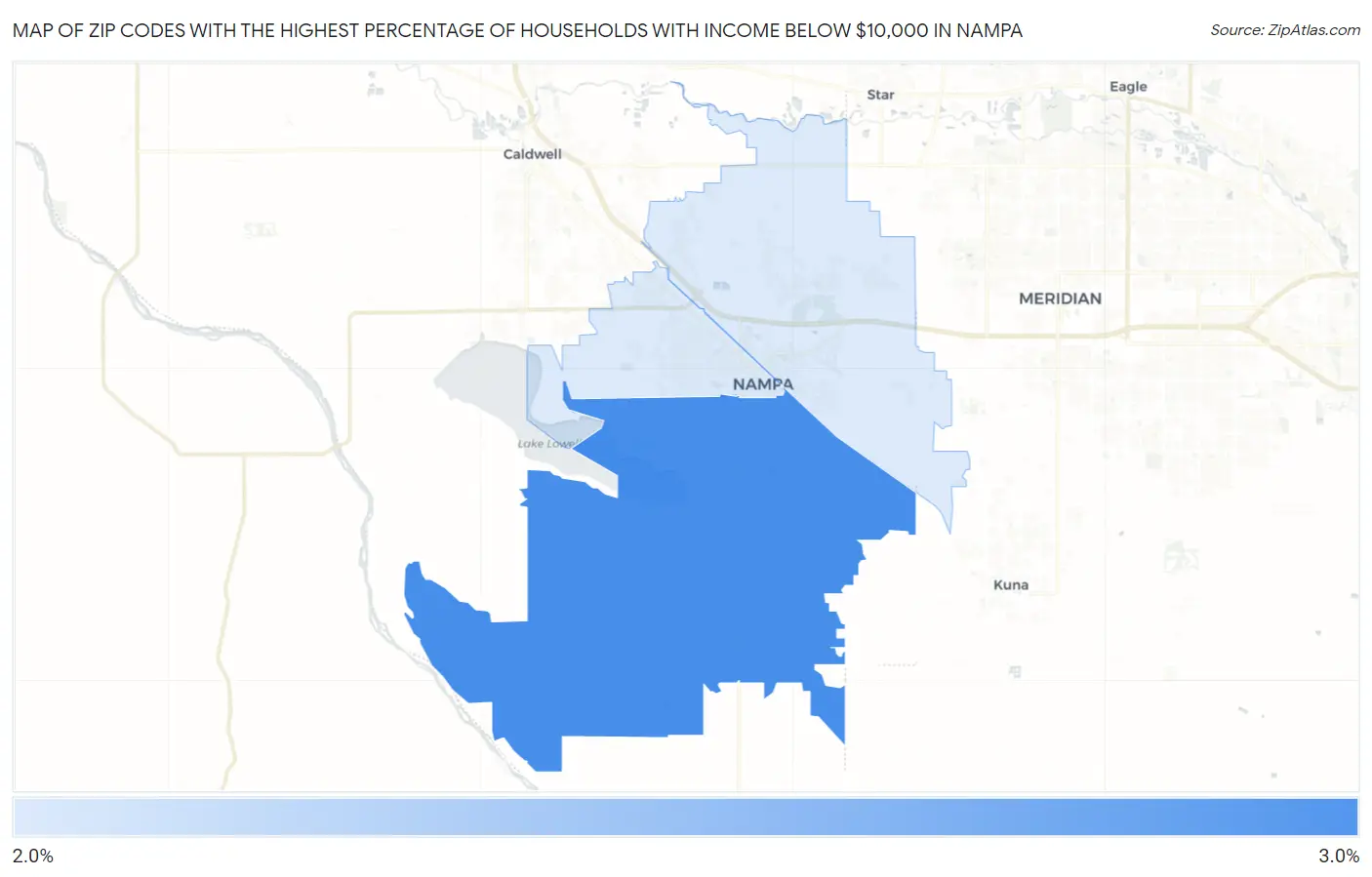 Zip Codes with the Highest Percentage of Households with Income Below $10,000 in Nampa Map