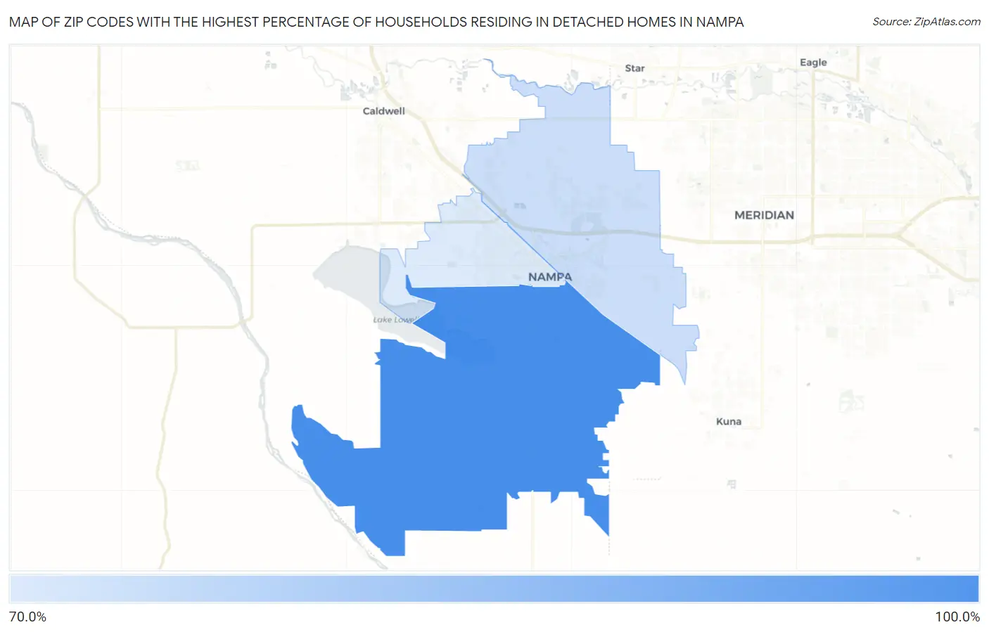 Zip Codes with the Highest Percentage of Households Residing in Detached Homes in Nampa Map