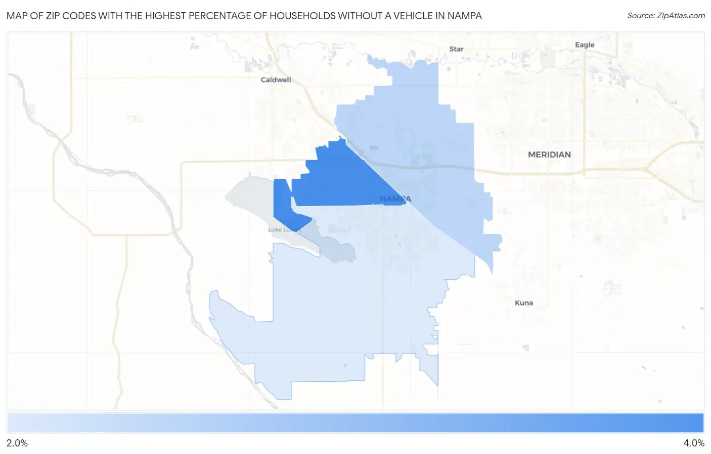 Zip Codes with the Highest Percentage of Households Without a Vehicle in Nampa Map