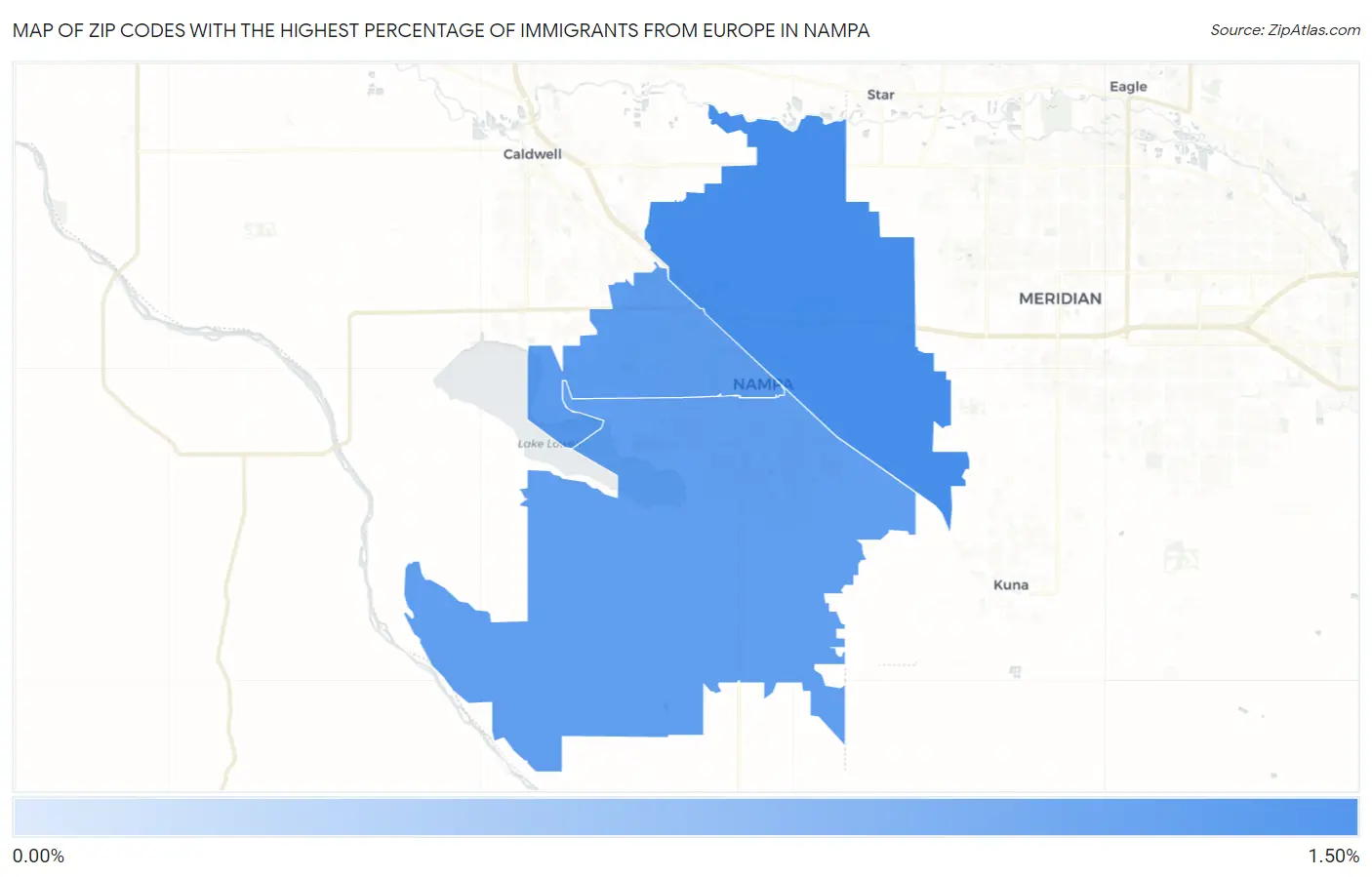 Zip Codes with the Highest Percentage of Immigrants from Europe in Nampa Map