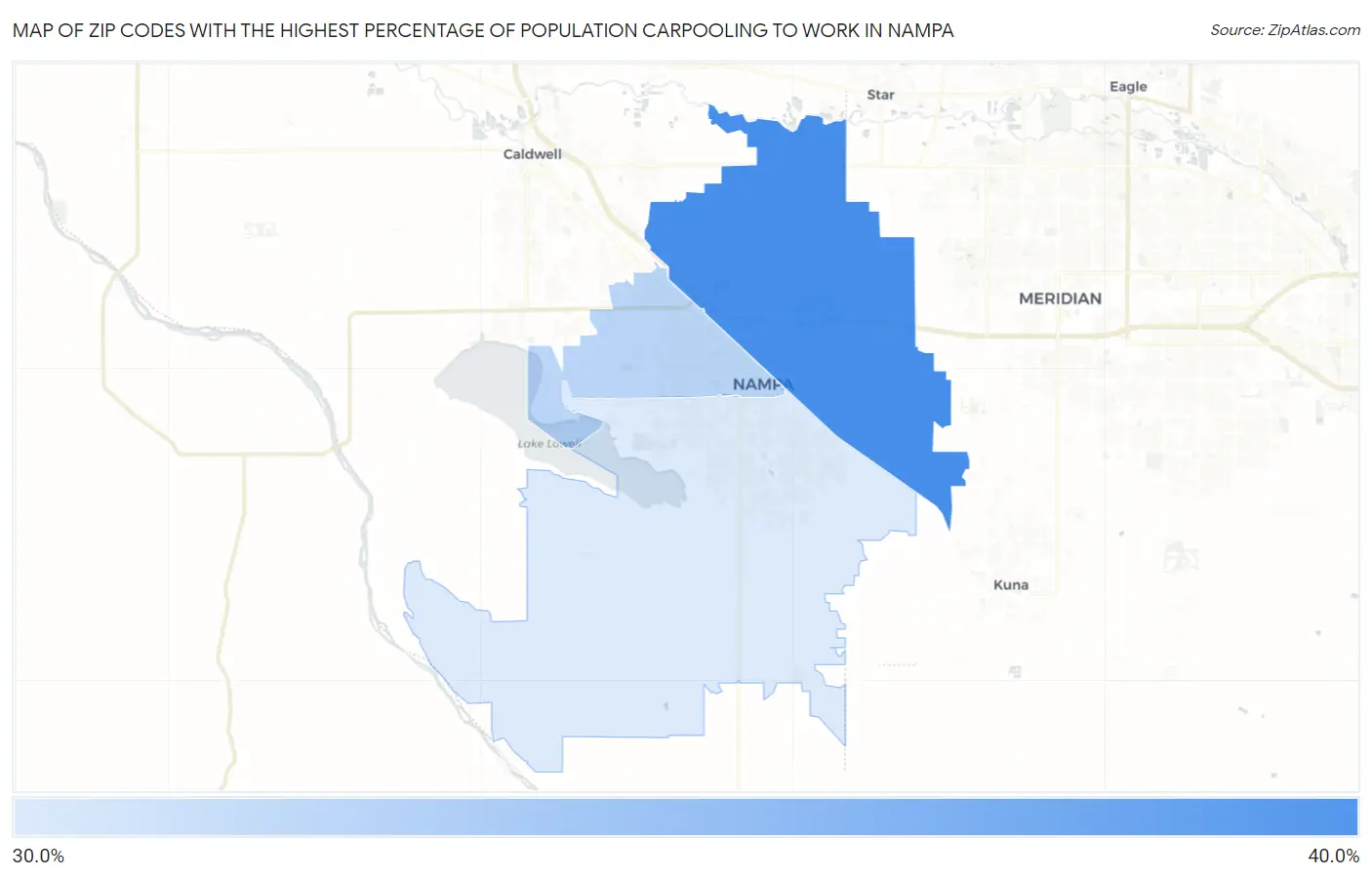 Zip Codes with the Highest Percentage of Population Carpooling to Work in Nampa Map