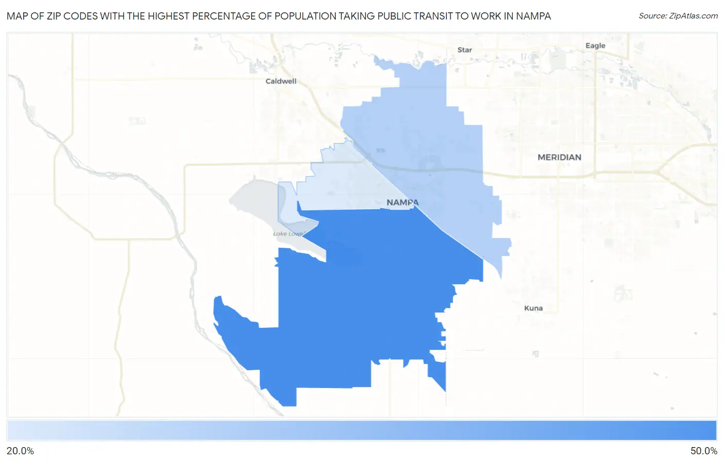 Zip Codes with the Highest Percentage of Population Taking Public Transit to Work in Nampa Map