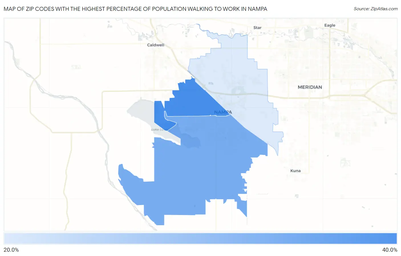 Zip Codes with the Highest Percentage of Population Walking to Work in Nampa Map
