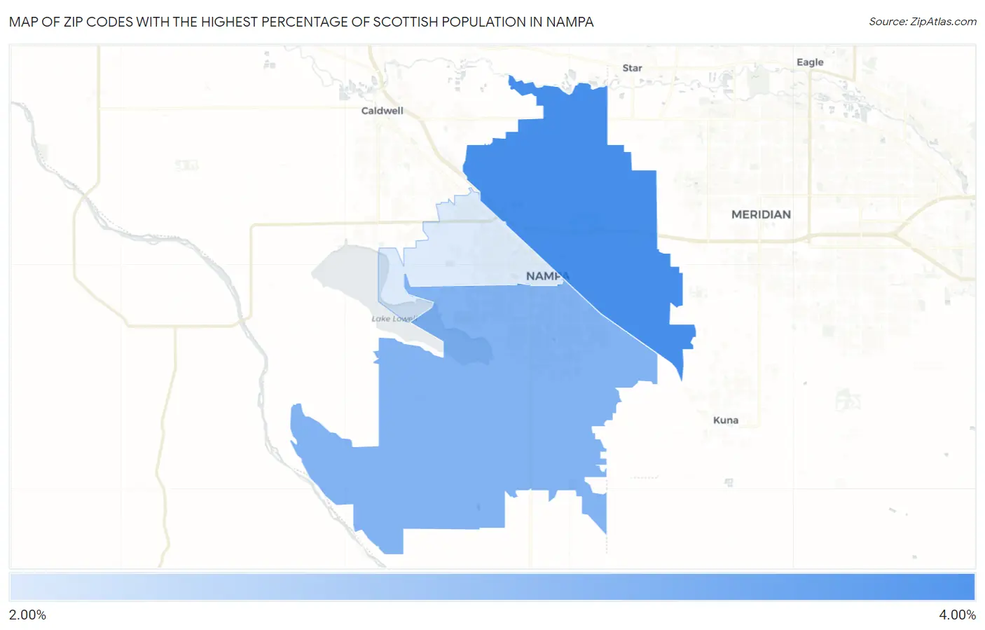 Zip Codes with the Highest Percentage of Scottish Population in Nampa Map