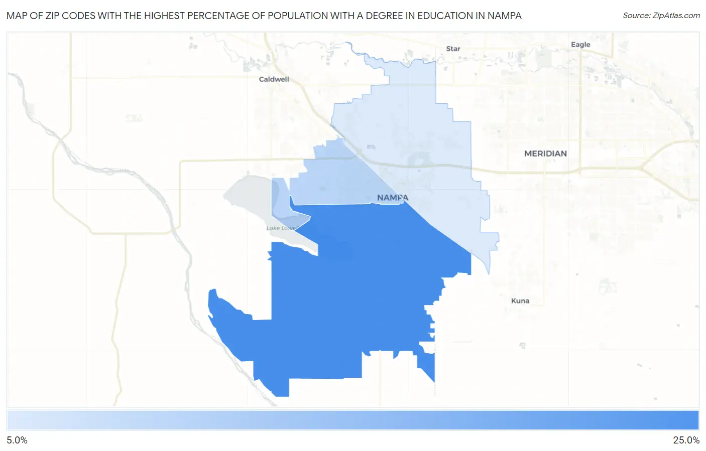 Zip Codes with the Highest Percentage of Population with a Degree in Education in Nampa Map