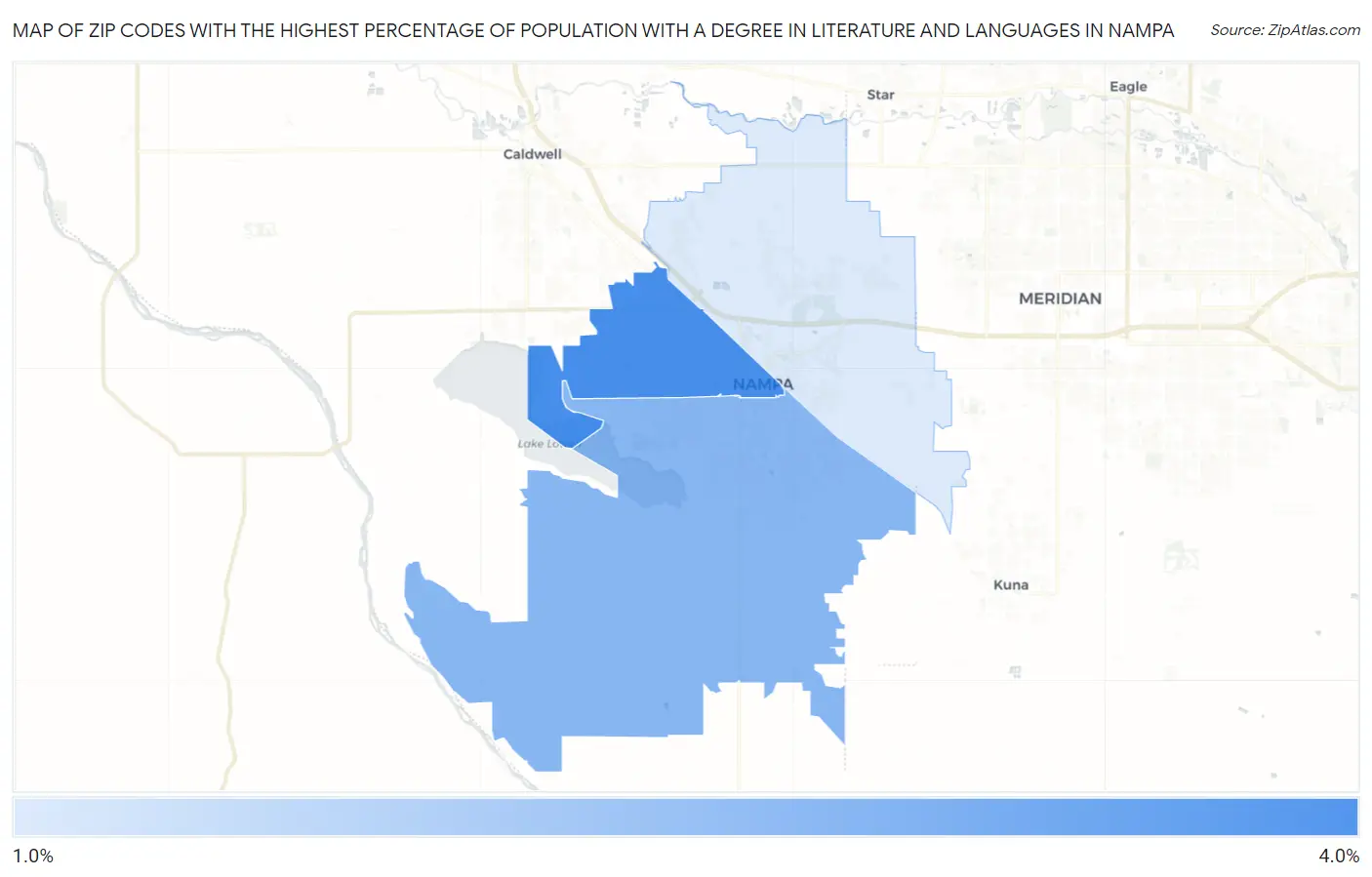 Zip Codes with the Highest Percentage of Population with a Degree in Literature and Languages in Nampa Map