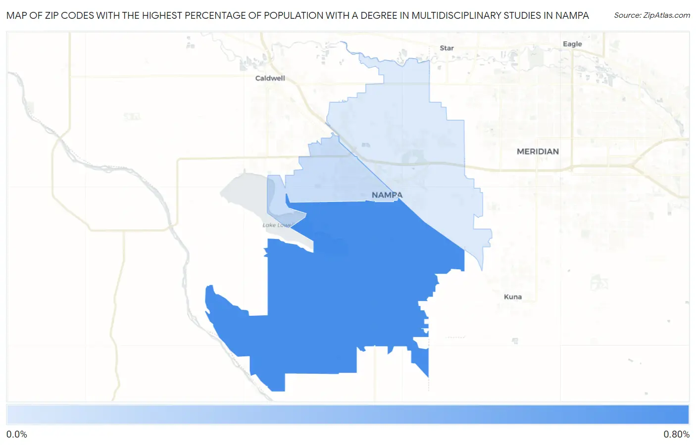 Zip Codes with the Highest Percentage of Population with a Degree in Multidisciplinary Studies in Nampa Map