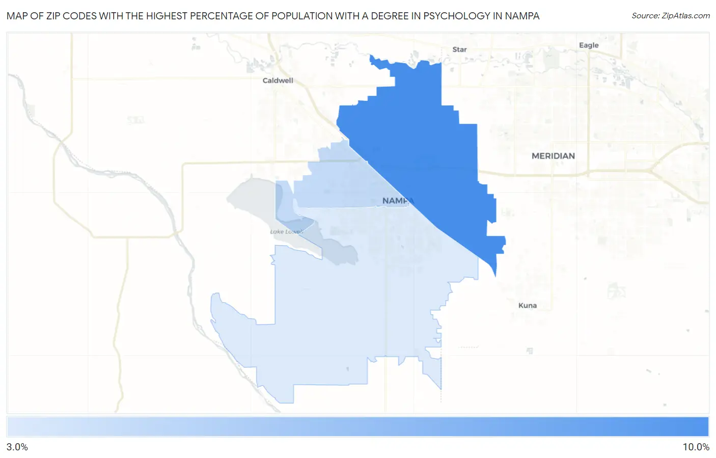 Zip Codes with the Highest Percentage of Population with a Degree in Psychology in Nampa Map