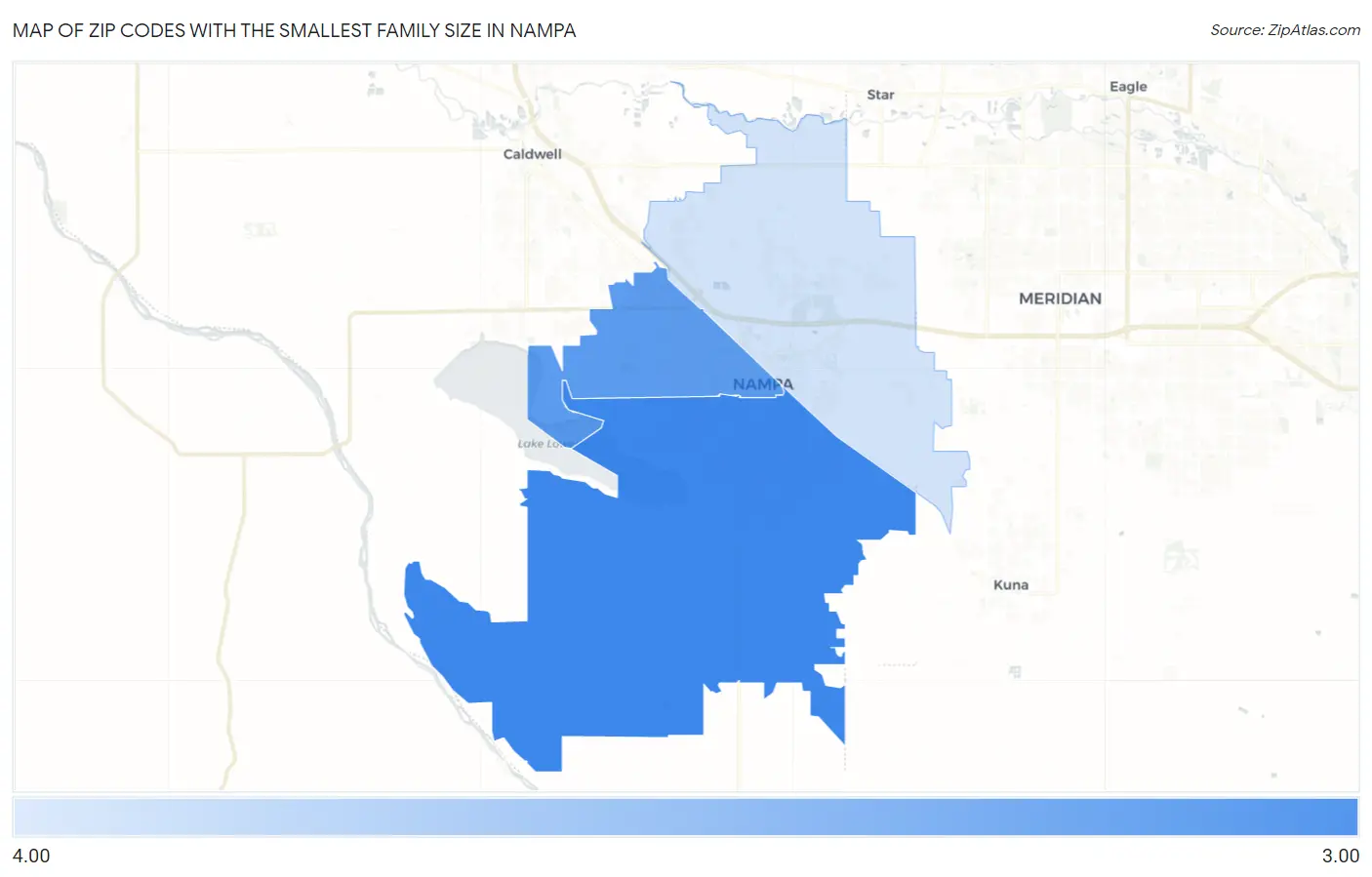 Zip Codes with the Smallest Family Size in Nampa Map