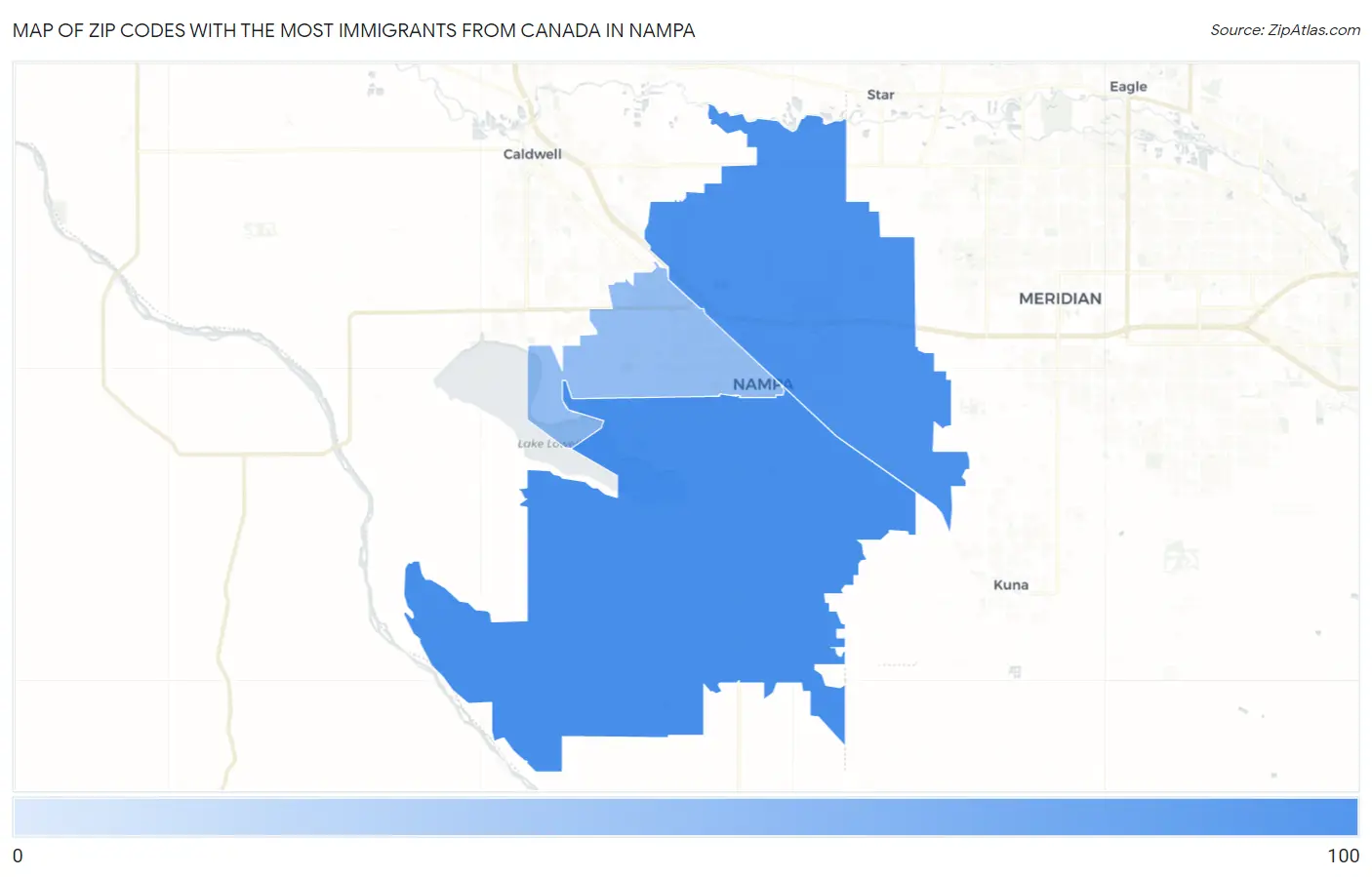 Zip Codes with the Most Immigrants from Canada in Nampa Map