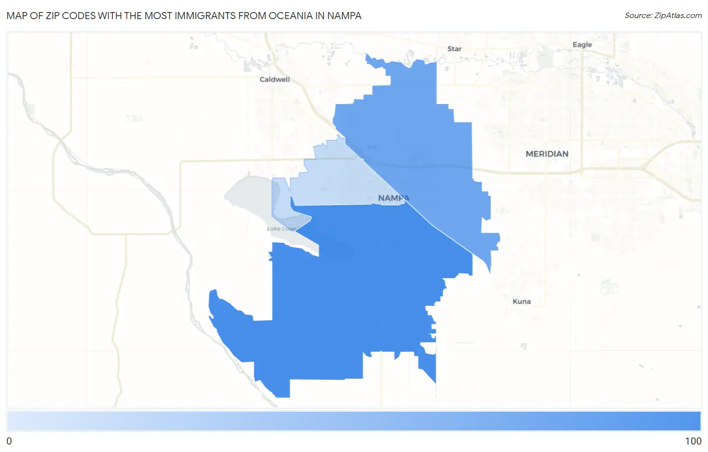 Zip Codes with the Most Immigrants from Oceania in Nampa Map