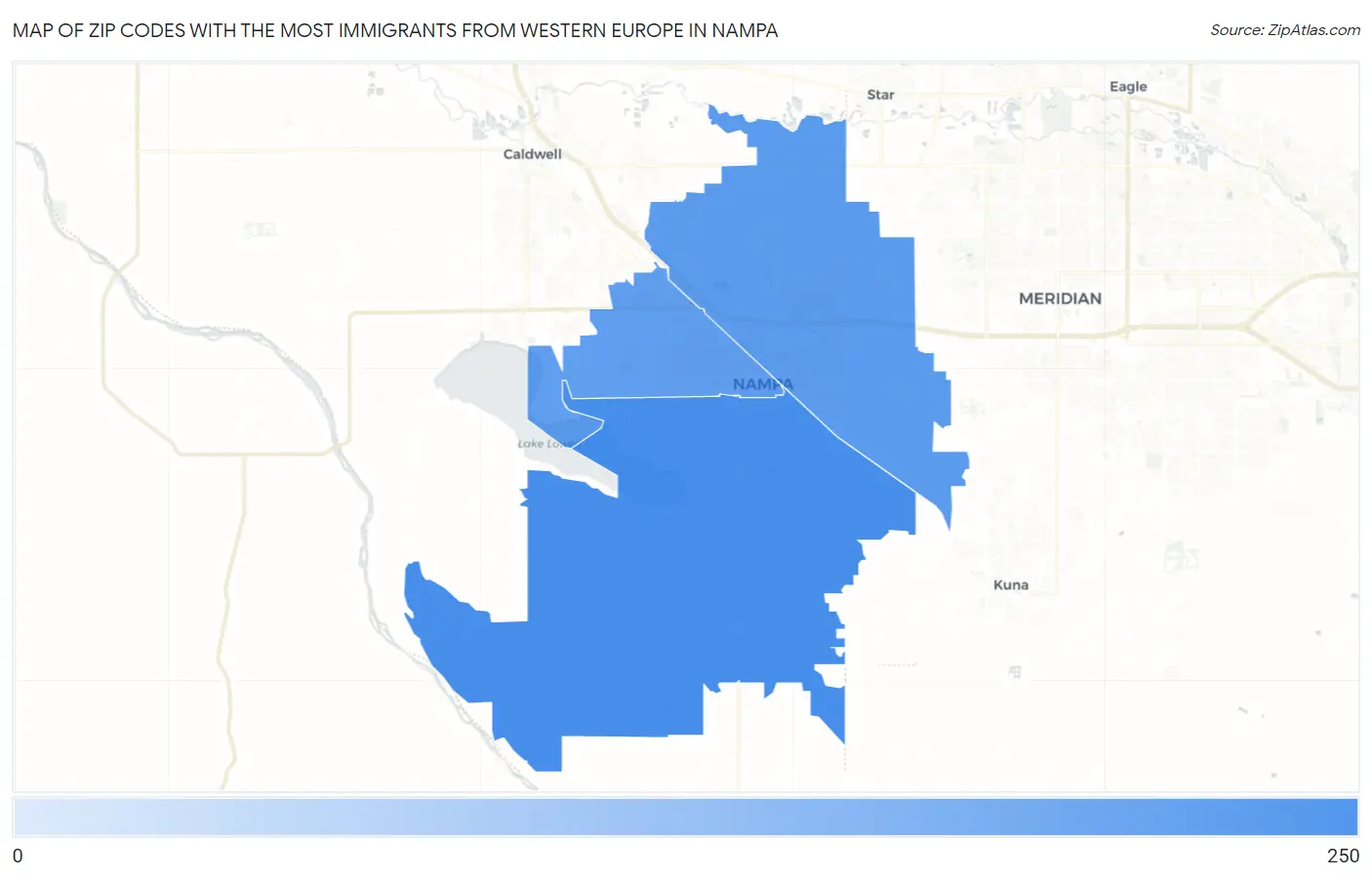 Zip Codes with the Most Immigrants from Western Europe in Nampa Map