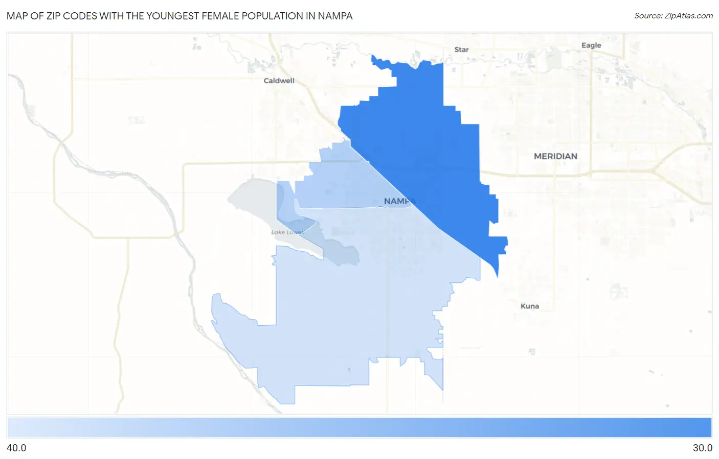 Zip Codes with the Youngest Female Population in Nampa Map