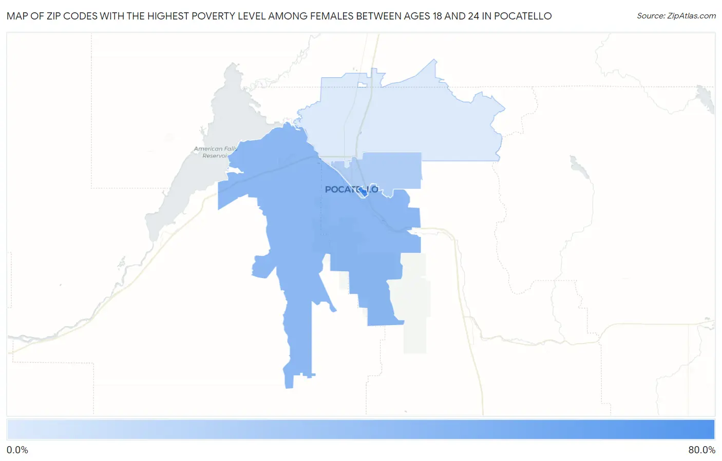 Zip Codes with the Highest Poverty Level Among Females Between Ages 18 and 24 in Pocatello Map