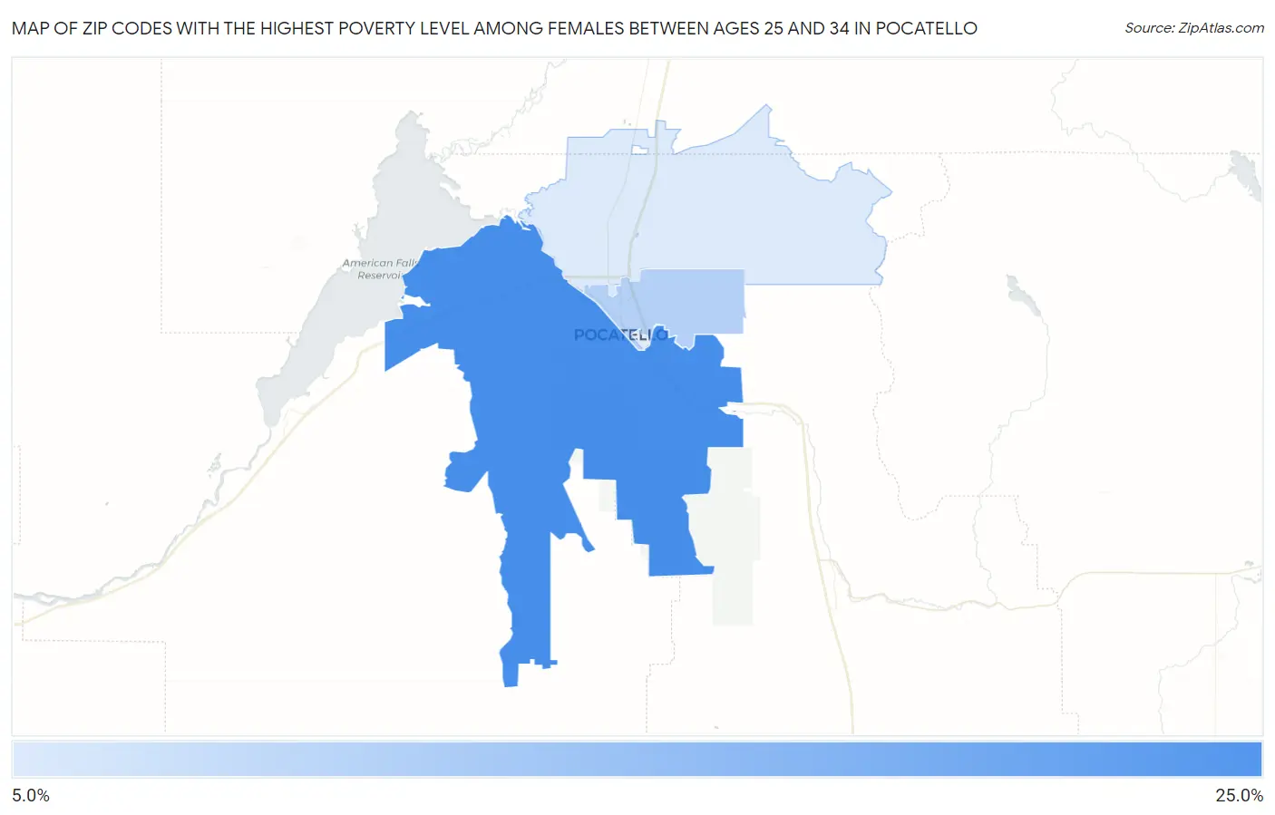 Zip Codes with the Highest Poverty Level Among Females Between Ages 25 and 34 in Pocatello Map