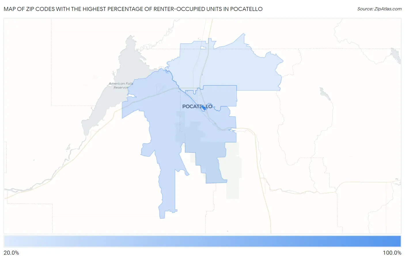 Zip Codes with the Highest Percentage of Renter-Occupied Units in Pocatello Map