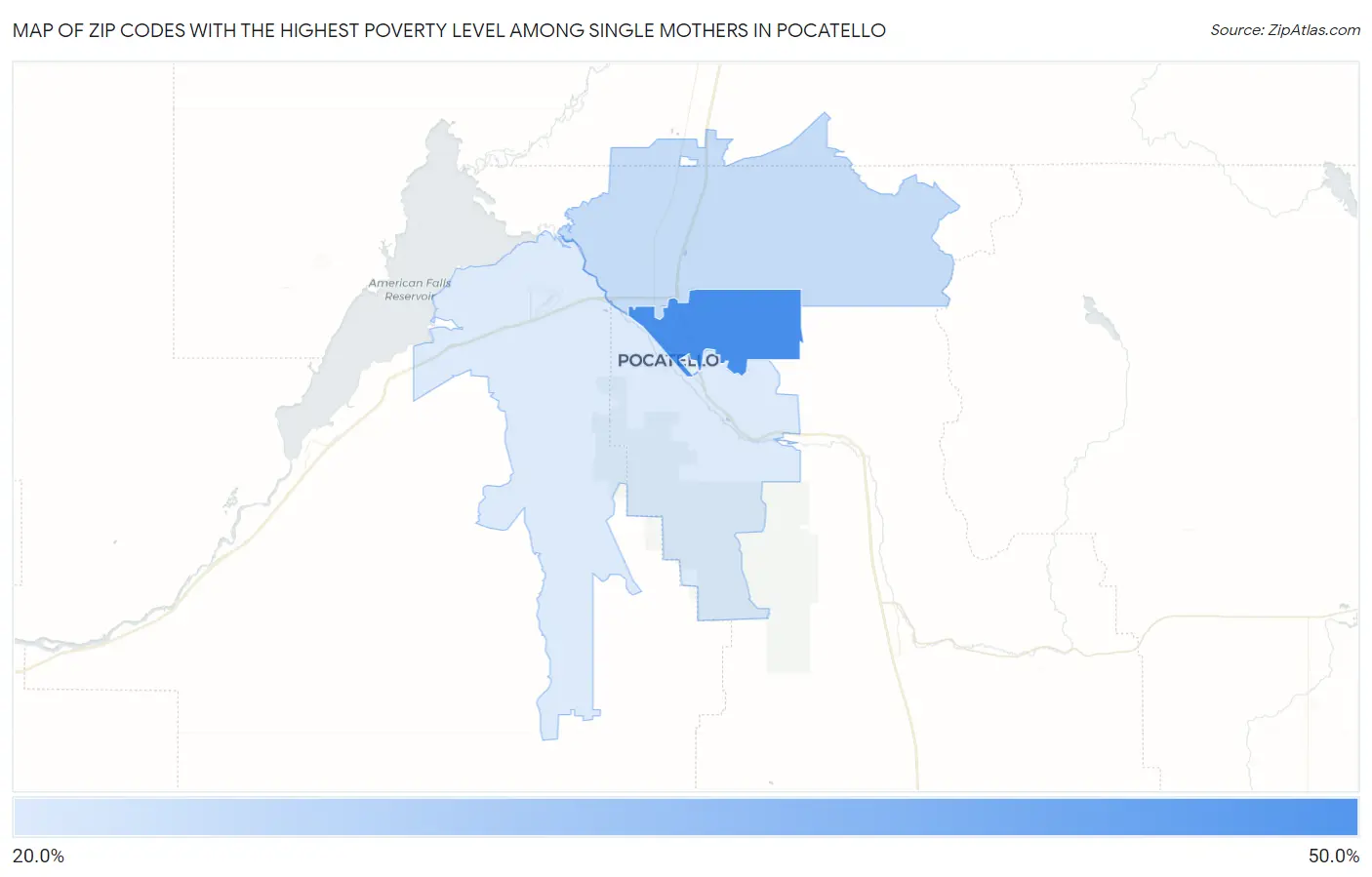 Zip Codes with the Highest Poverty Level Among Single Mothers in Pocatello Map