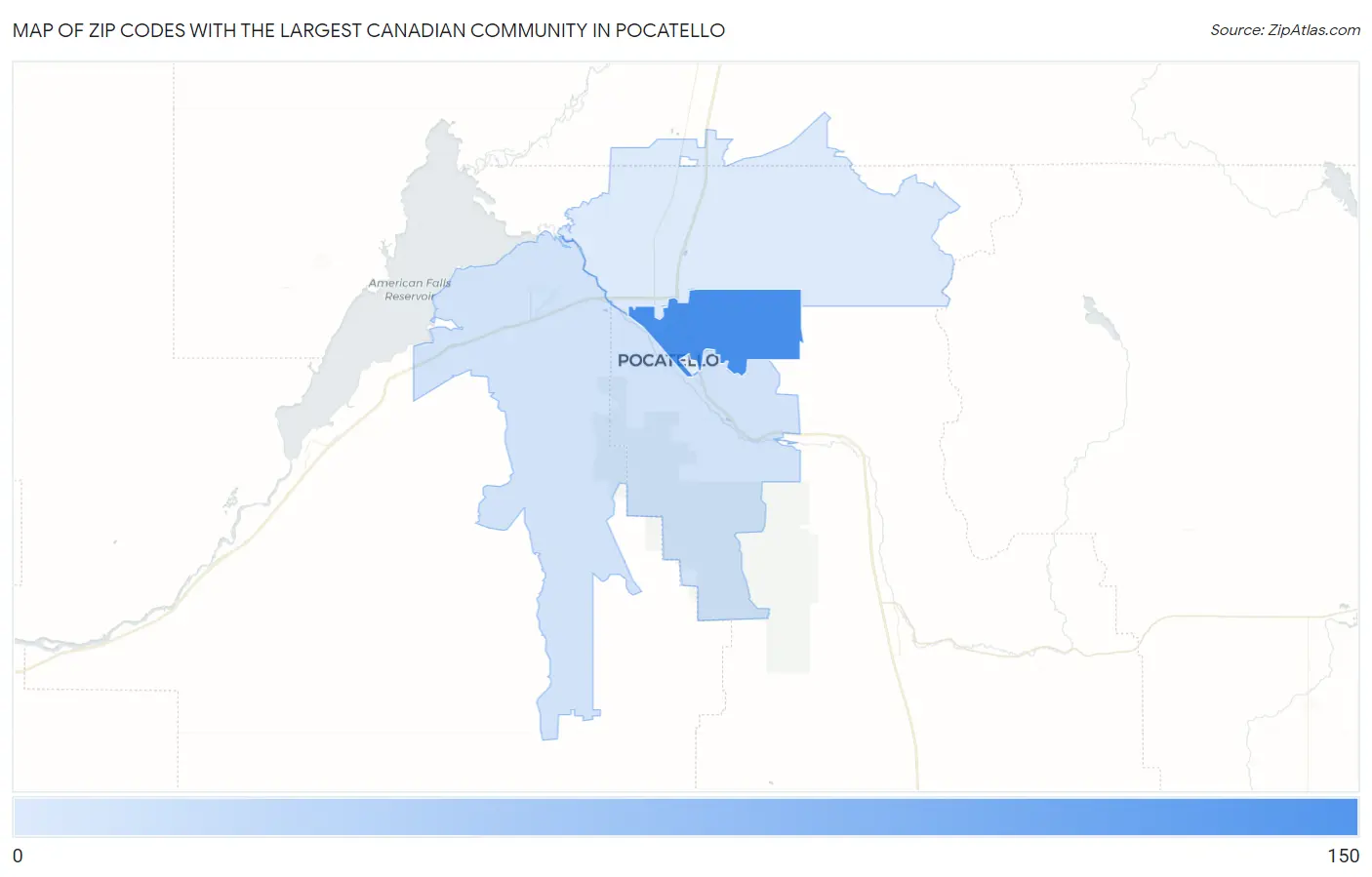 Zip Codes with the Largest Canadian Community in Pocatello Map