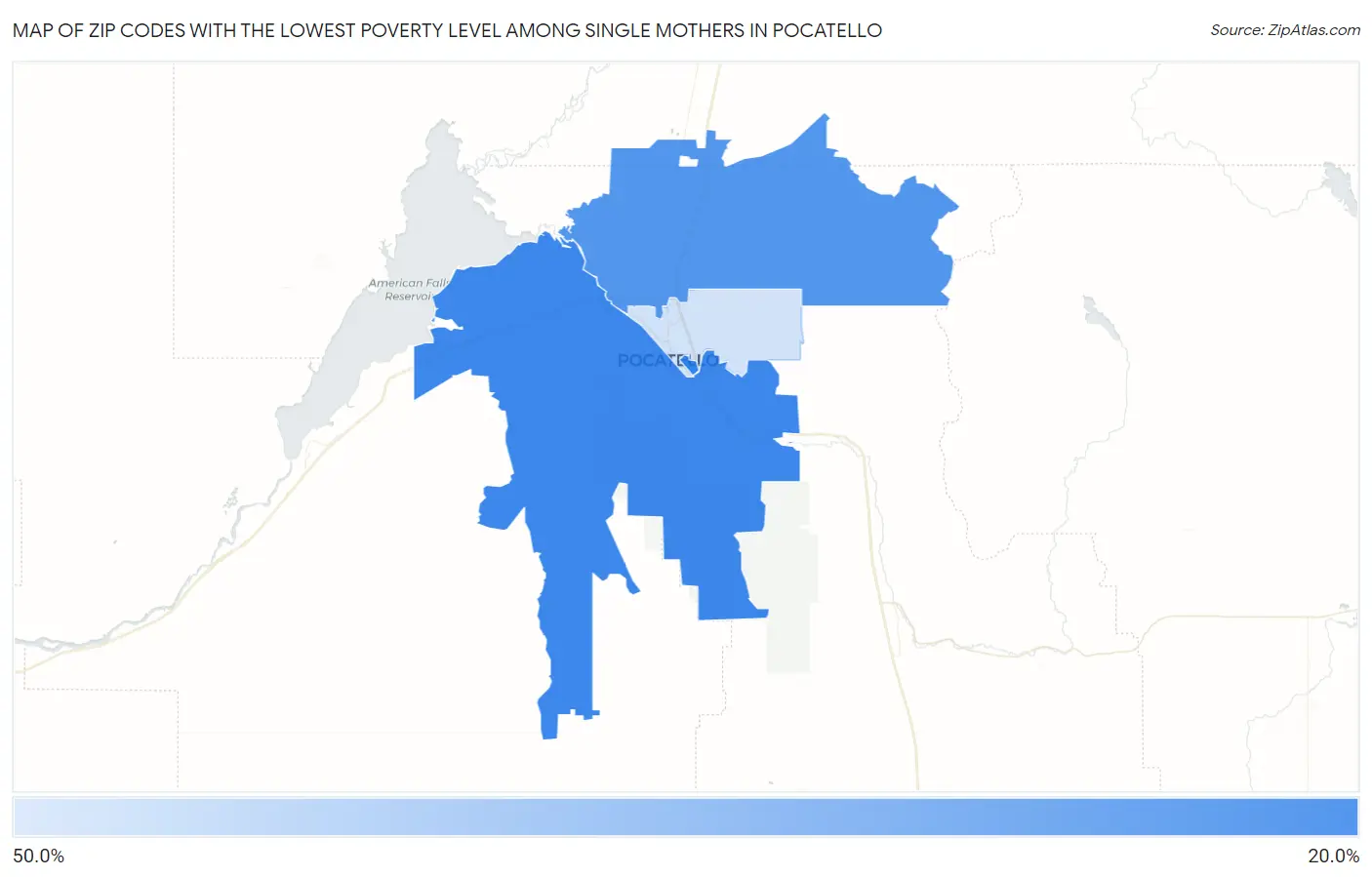 Zip Codes with the Lowest Poverty Level Among Single Mothers in Pocatello Map