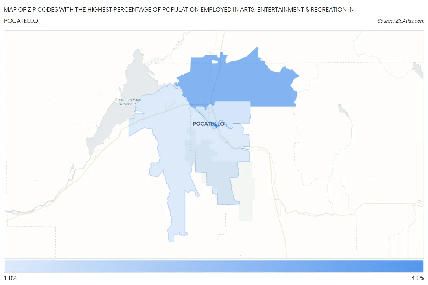 Zip Codes with the Highest Percentage of Population Employed in Arts, Entertainment & Recreation in Pocatello Map