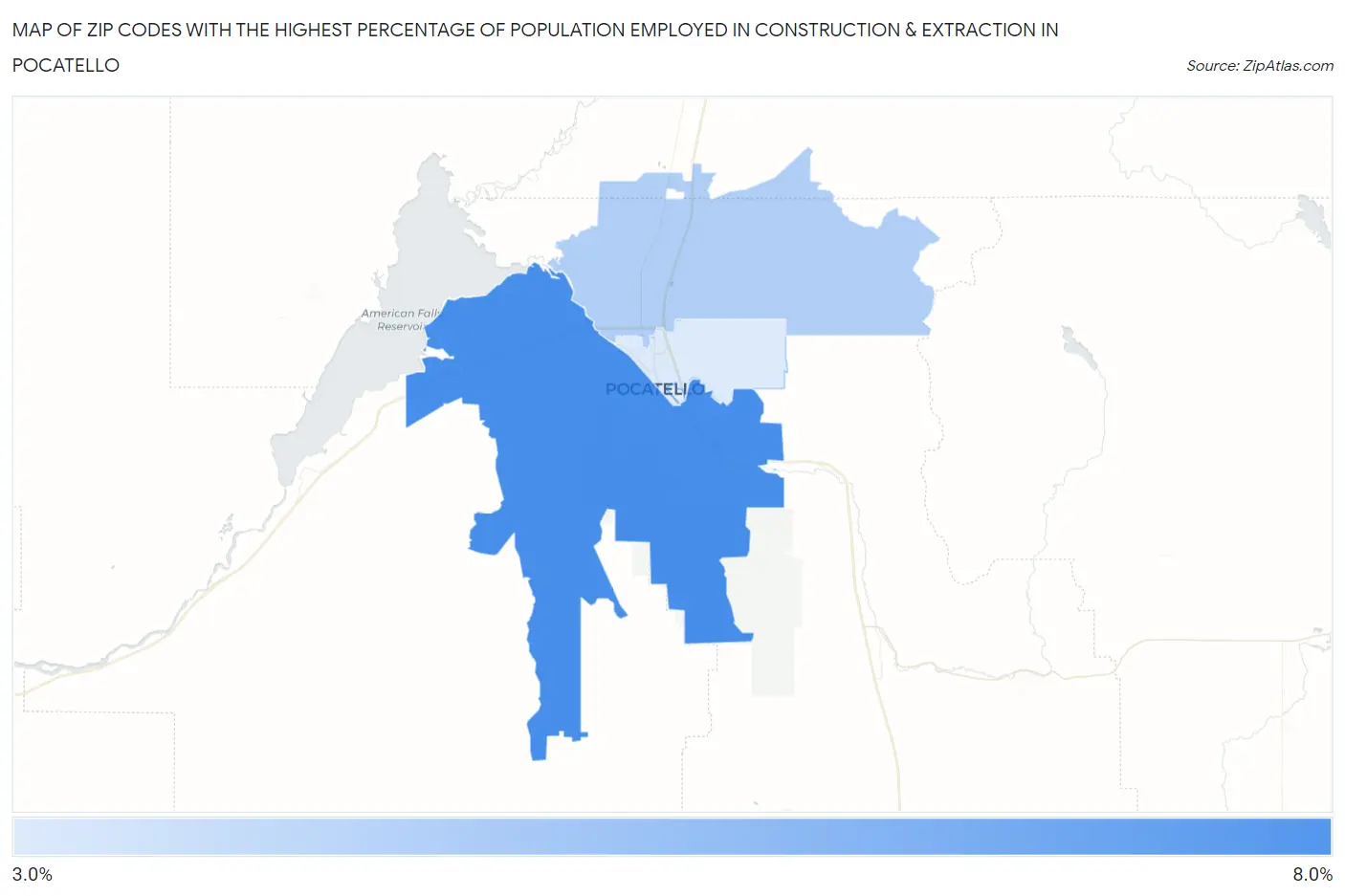 Zip Codes with the Highest Percentage of Population Employed in Construction & Extraction in Pocatello Map