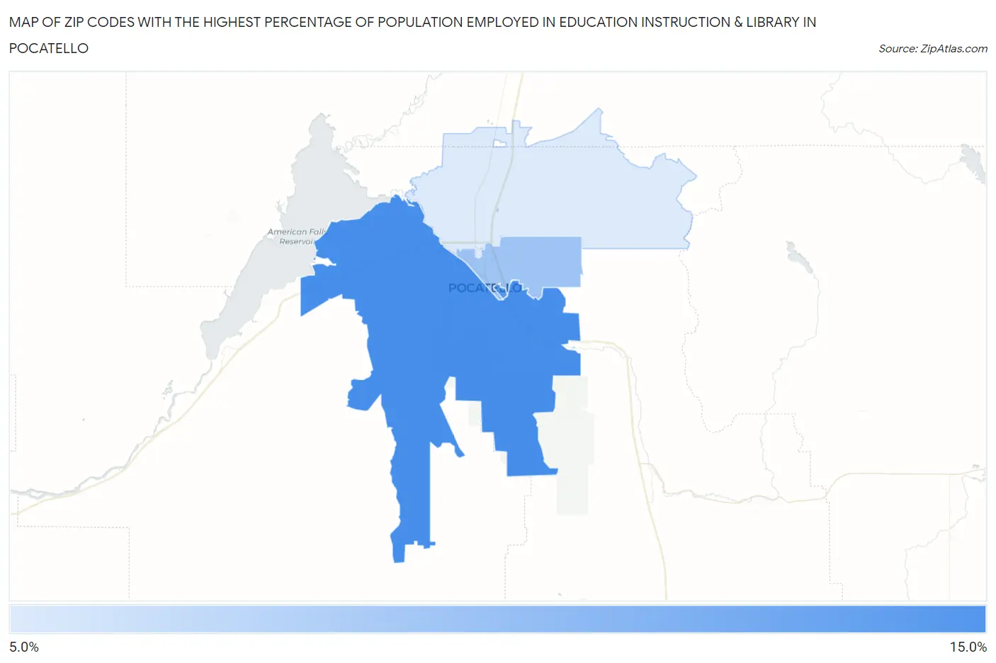 Zip Codes with the Highest Percentage of Population Employed in Education Instruction & Library in Pocatello Map