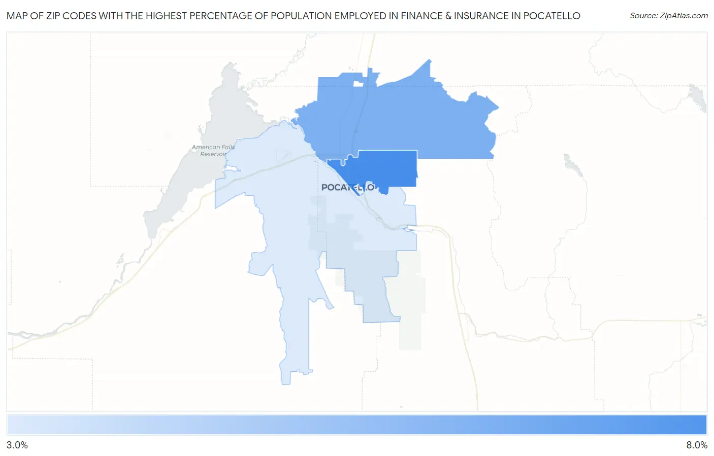 Zip Codes with the Highest Percentage of Population Employed in Finance & Insurance in Pocatello Map