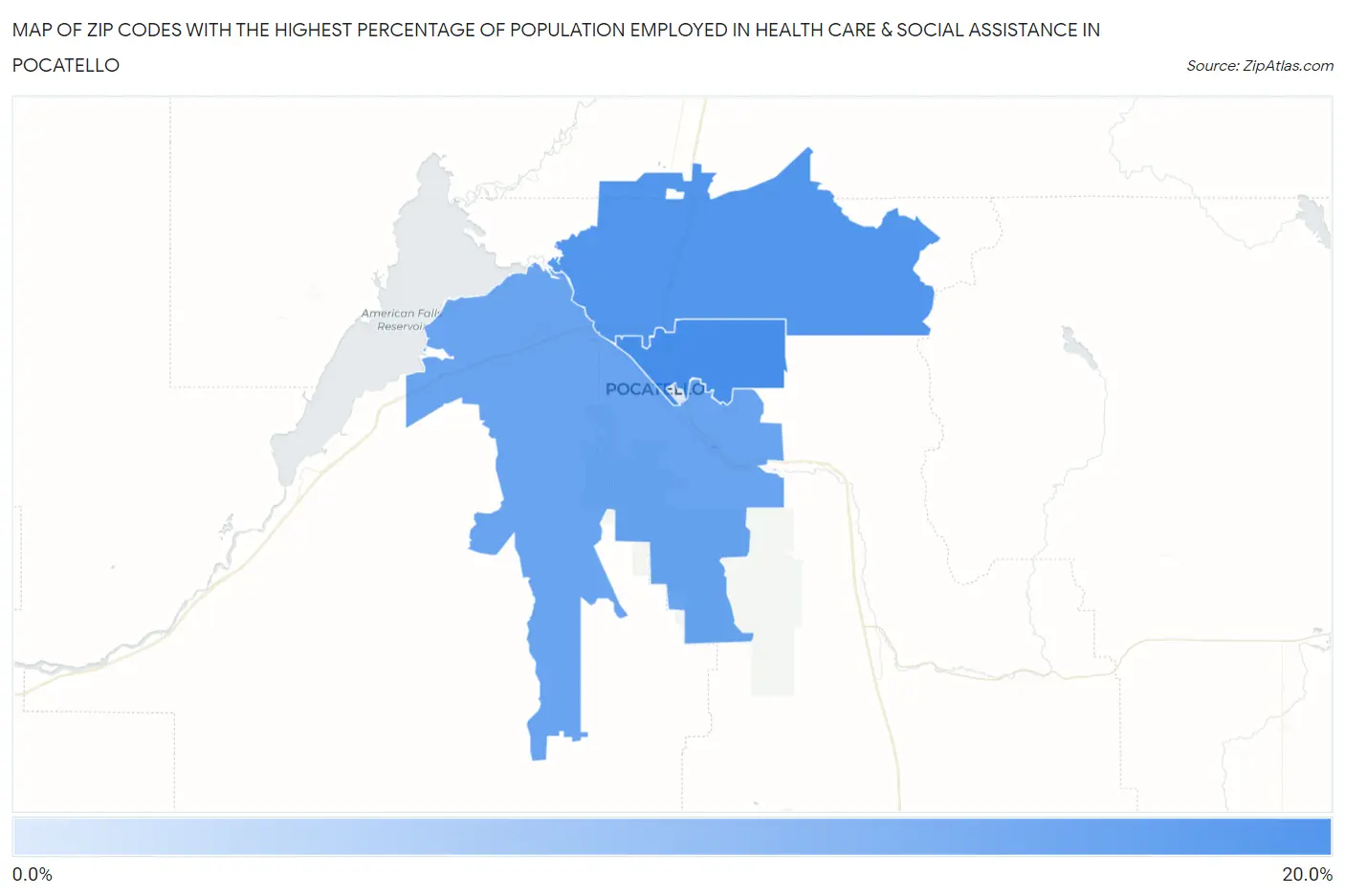 Zip Codes with the Highest Percentage of Population Employed in Health Care & Social Assistance in Pocatello Map