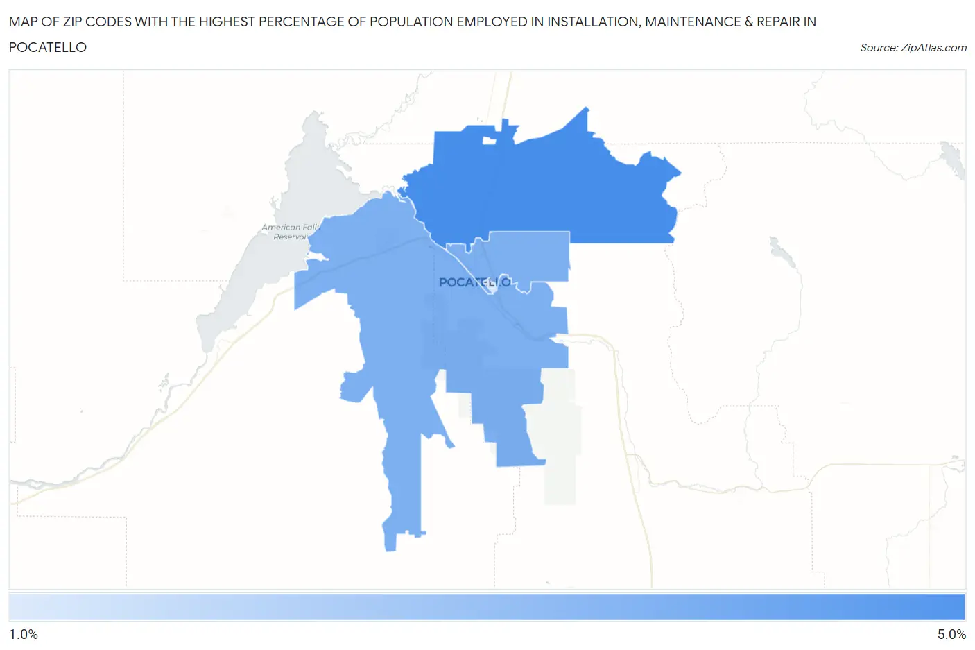 Zip Codes with the Highest Percentage of Population Employed in Installation, Maintenance & Repair in Pocatello Map