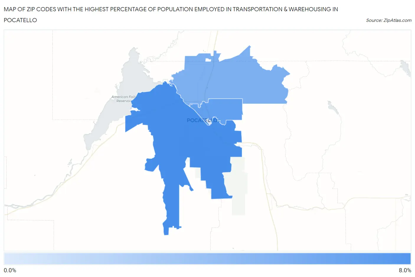 Zip Codes with the Highest Percentage of Population Employed in Transportation & Warehousing in Pocatello Map
