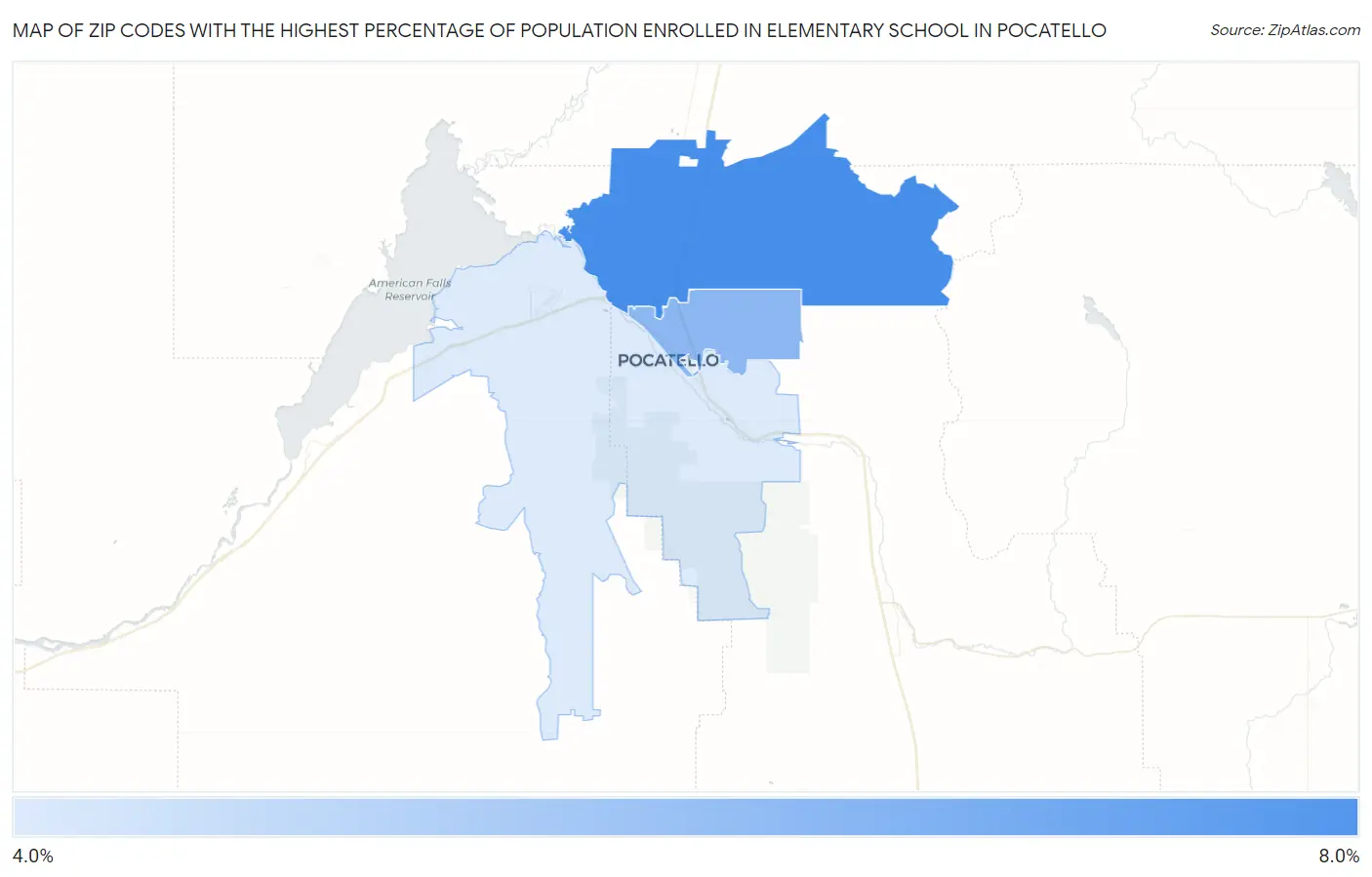 Zip Codes with the Highest Percentage of Population Enrolled in Elementary School in Pocatello Map