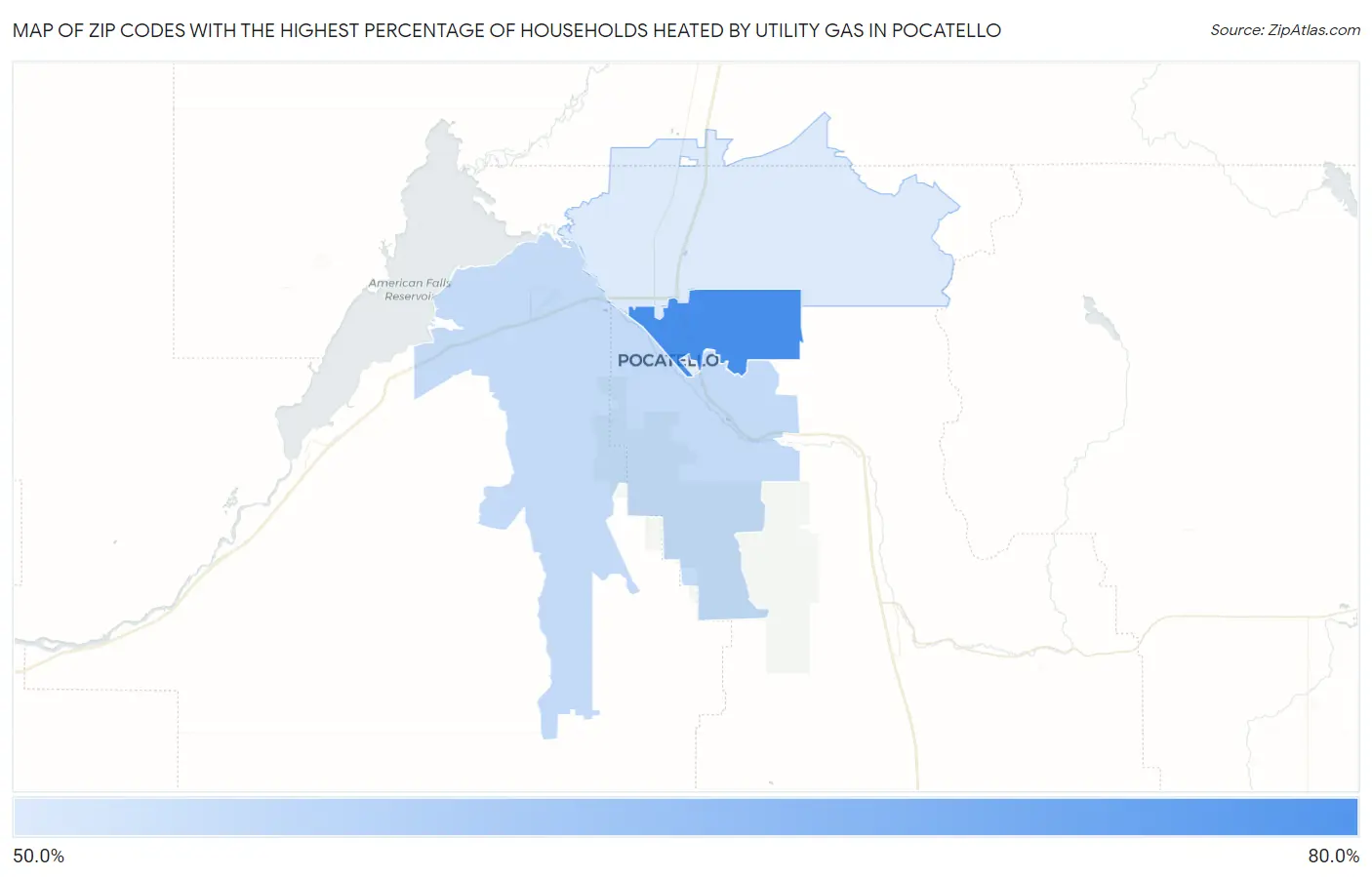 Zip Codes with the Highest Percentage of Households Heated by Utility Gas in Pocatello Map