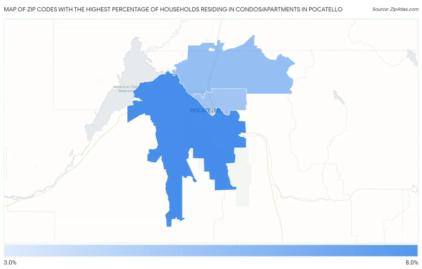 Zip Codes with the Highest Percentage of Households Residing in Condos/Apartments in Pocatello Map