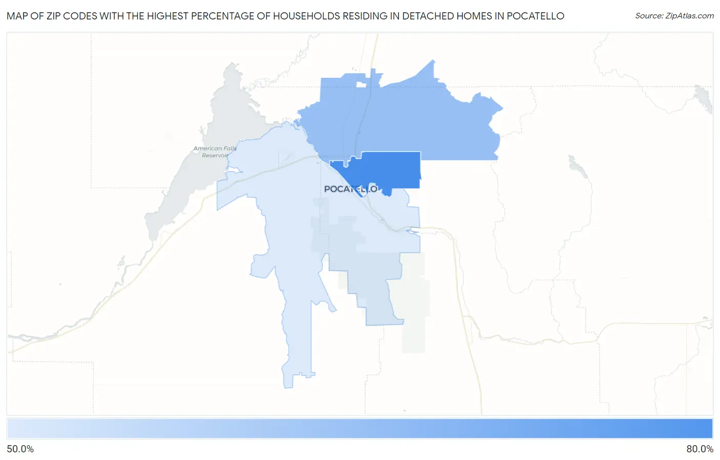 Zip Codes with the Highest Percentage of Households Residing in Detached Homes in Pocatello Map