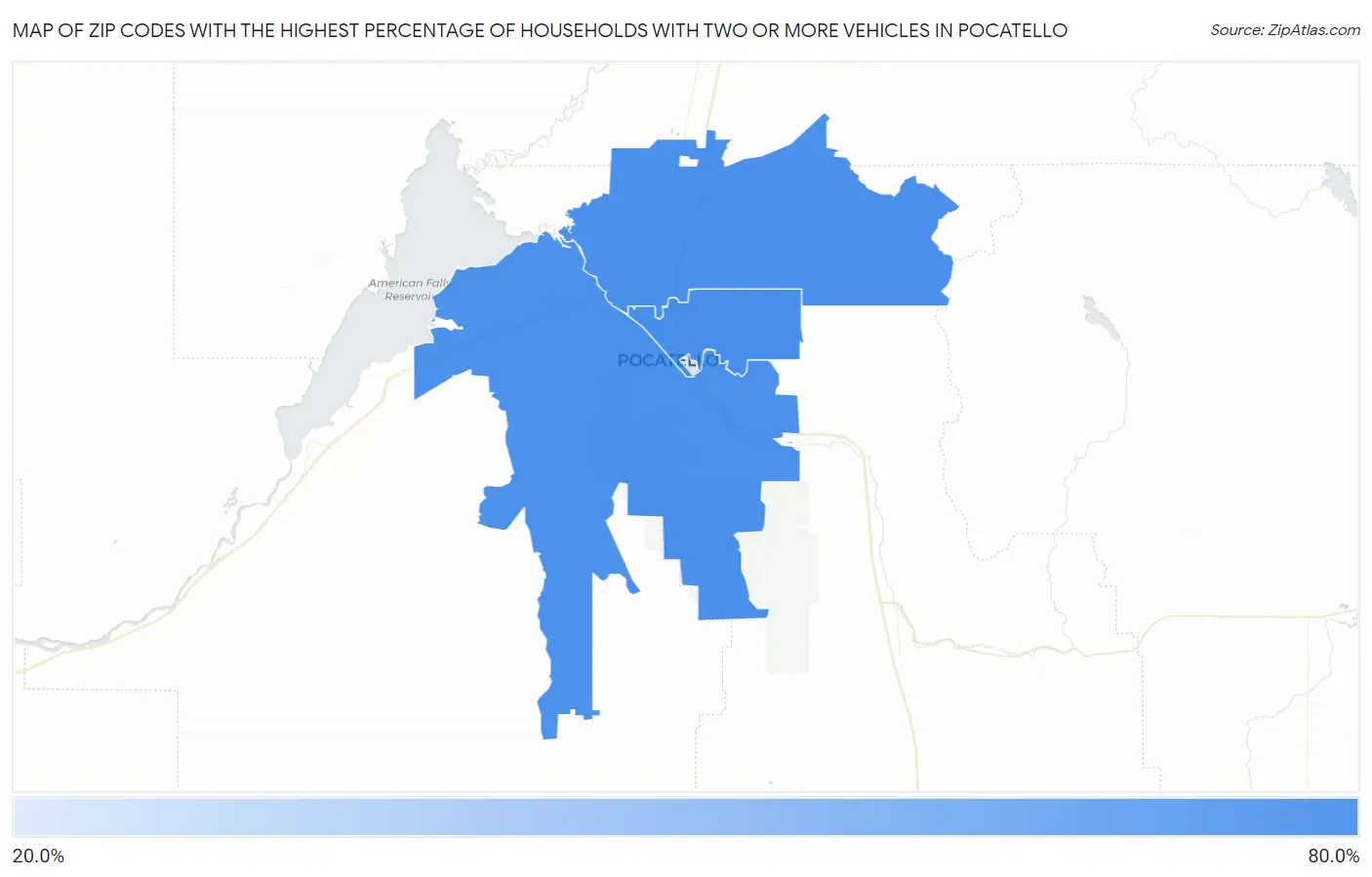 Zip Codes with the Highest Percentage of Households With Two or more Vehicles in Pocatello Map