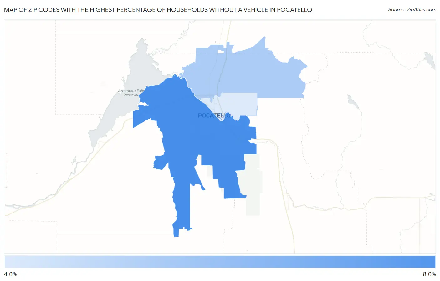 Zip Codes with the Highest Percentage of Households Without a Vehicle in Pocatello Map