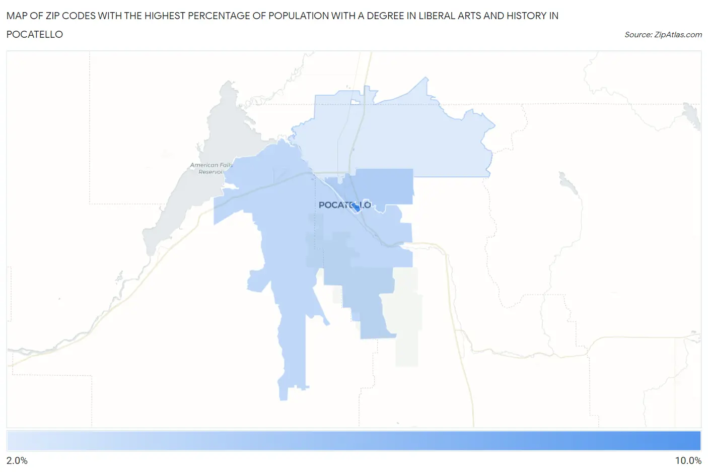Zip Codes with the Highest Percentage of Population with a Degree in Liberal Arts and History in Pocatello Map