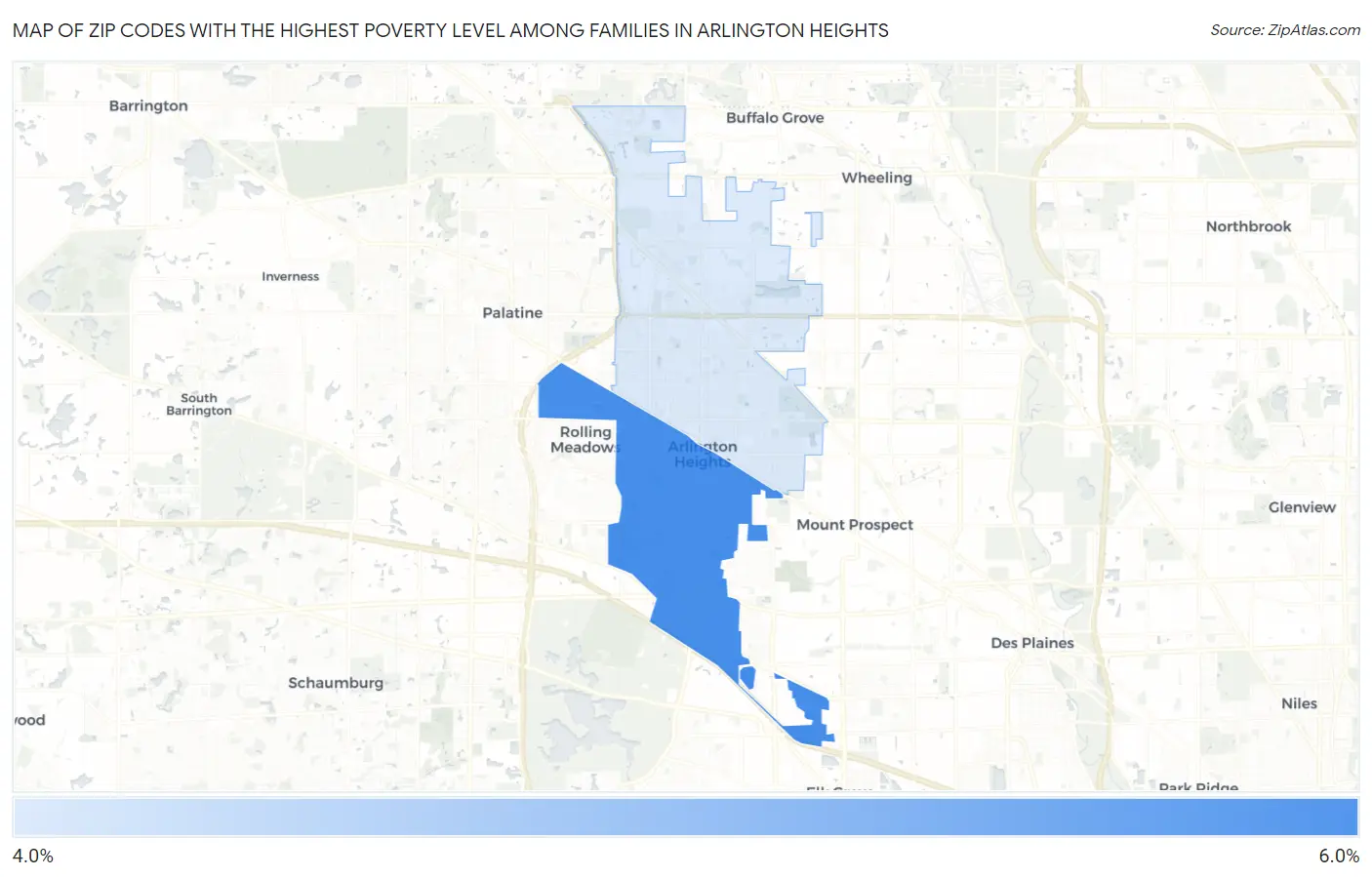 Zip Codes with the Highest Poverty Level Among Families in Arlington Heights Map