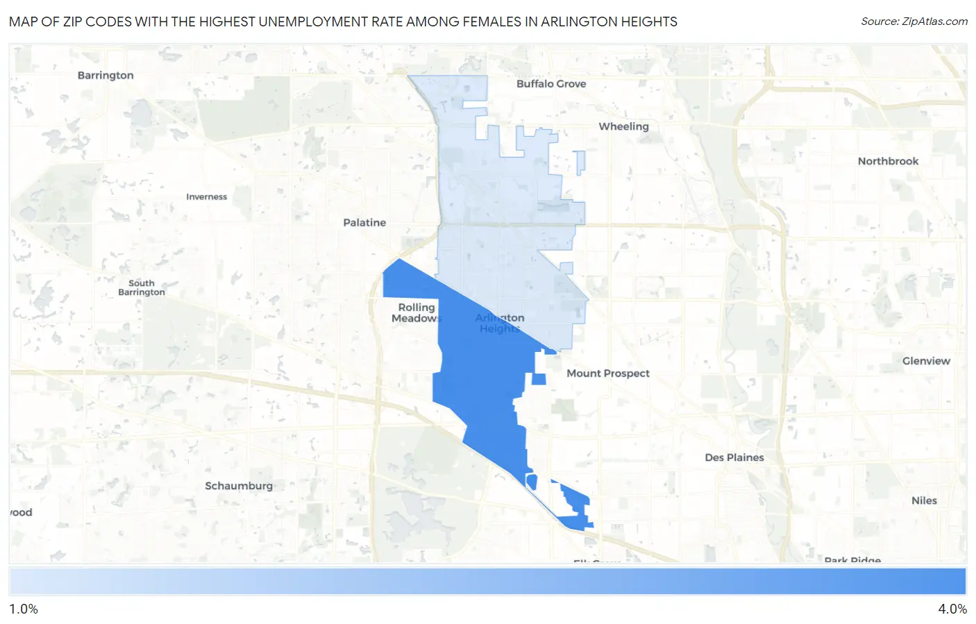 Zip Codes with the Highest Unemployment Rate Among Females in Arlington Heights Map
