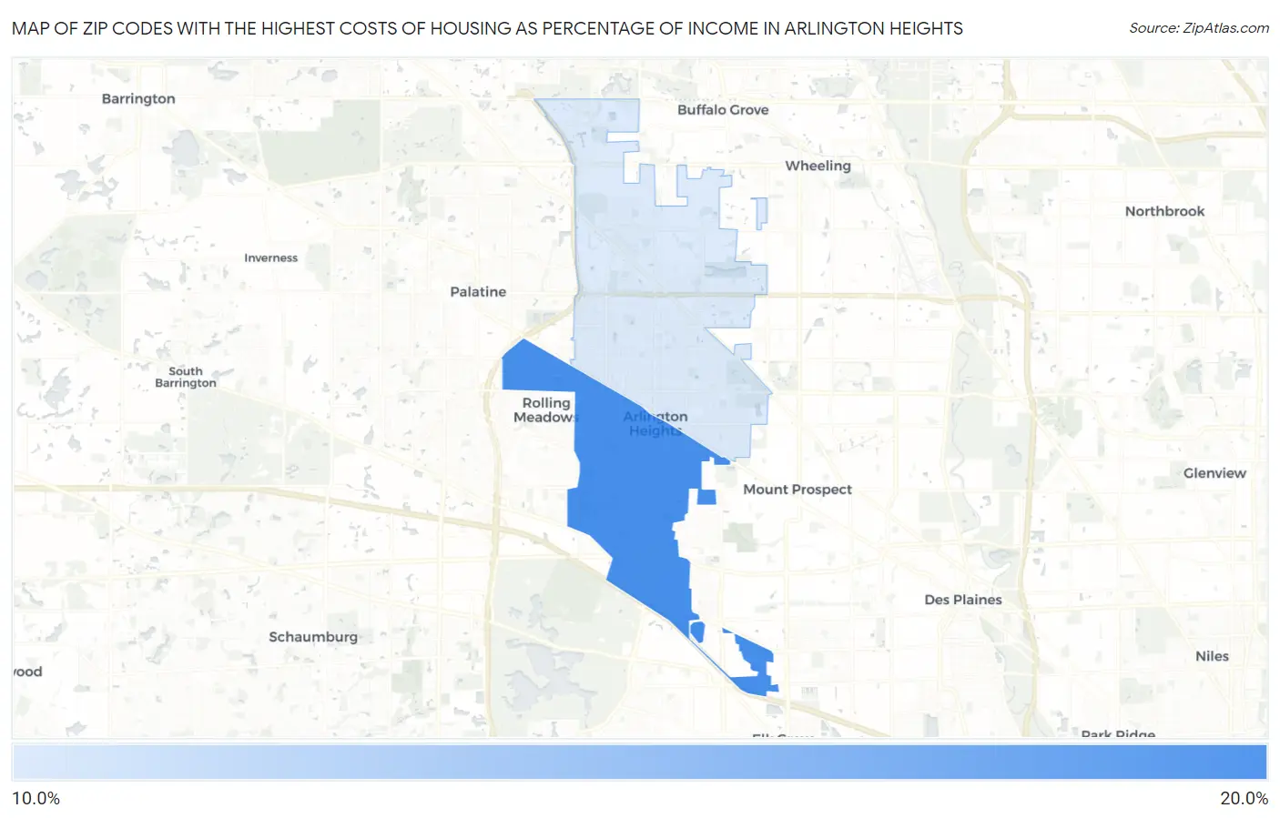 Zip Codes with the Highest Costs of Housing as Percentage of Income in Arlington Heights Map