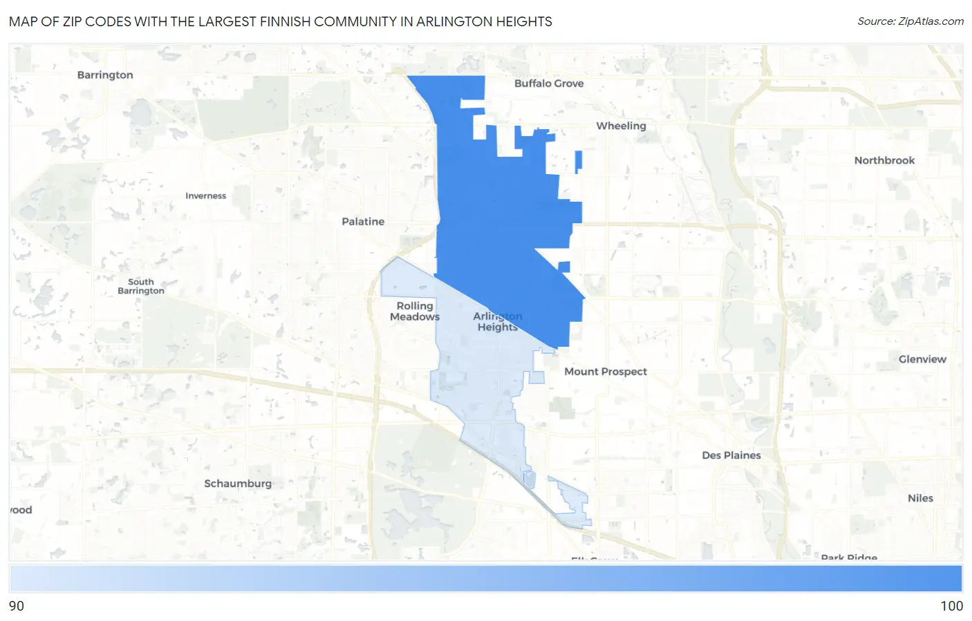 Zip Codes with the Largest Finnish Community in Arlington Heights Map
