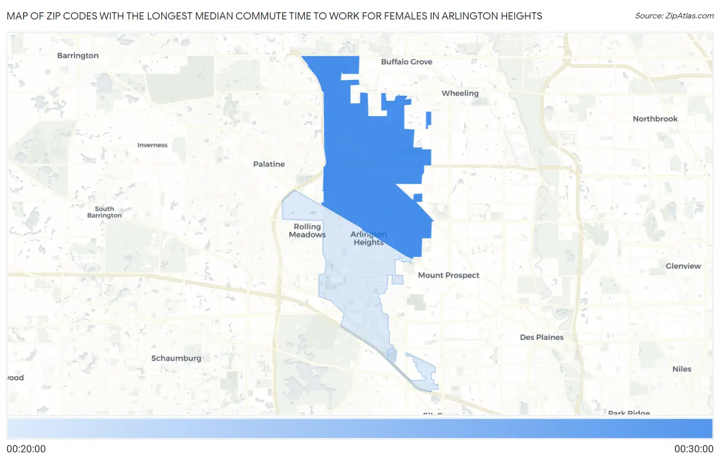 Zip Codes with the Longest Median Commute Time to Work for Females in Arlington Heights Map