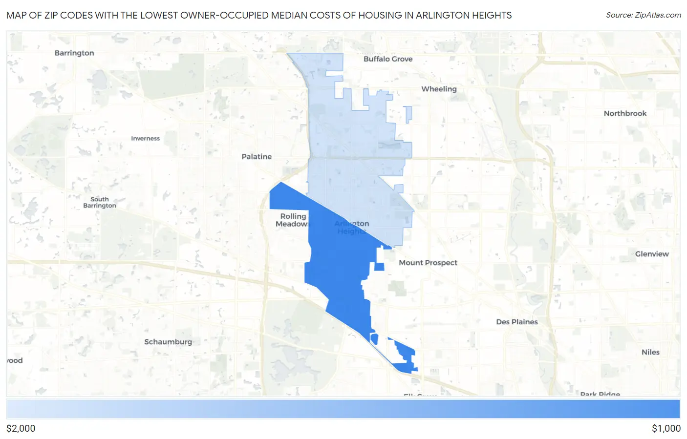 Zip Codes with the Lowest Owner-Occupied Median Costs of Housing in Arlington Heights Map