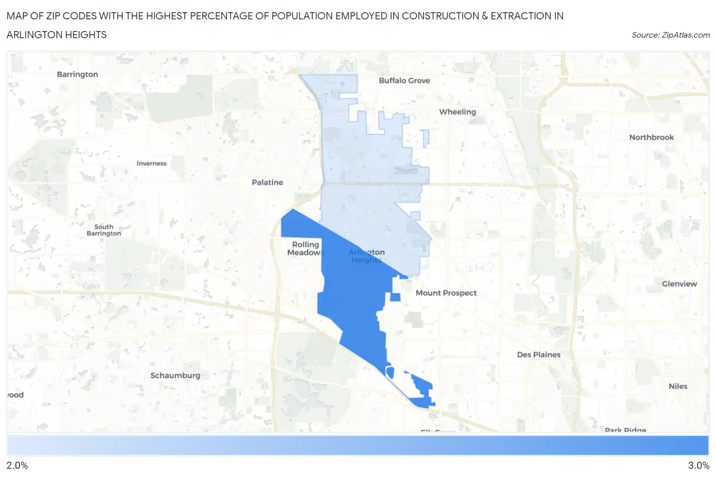 Zip Codes with the Highest Percentage of Population Employed in Construction & Extraction in Arlington Heights Map