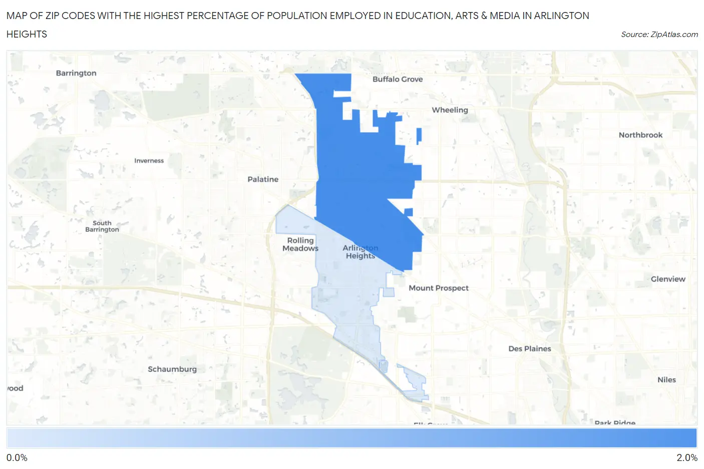 Zip Codes with the Highest Percentage of Population Employed in Education, Arts & Media in Arlington Heights Map