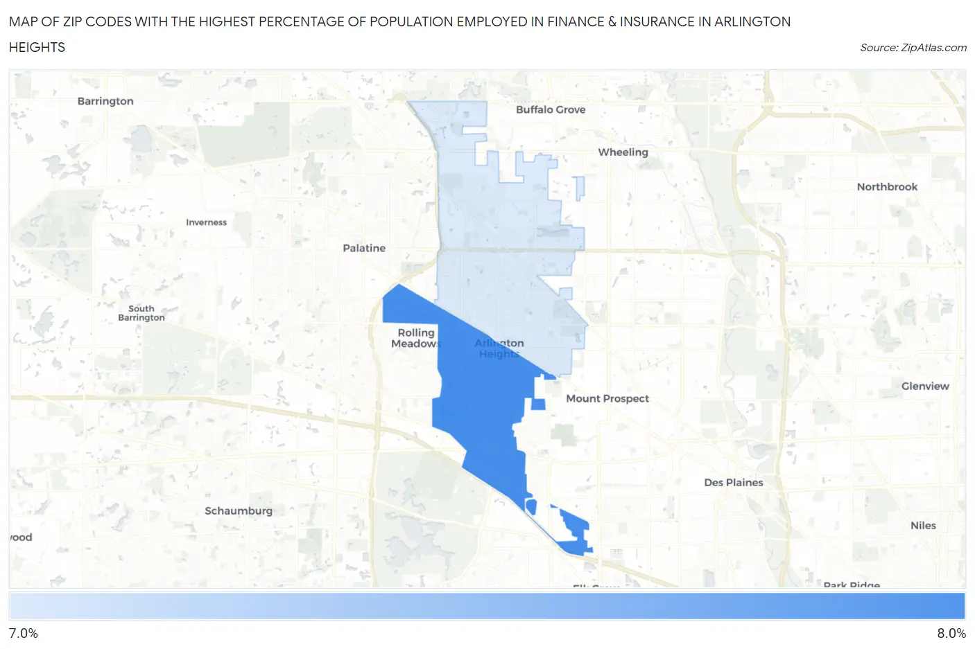 Zip Codes with the Highest Percentage of Population Employed in Finance & Insurance in Arlington Heights Map
