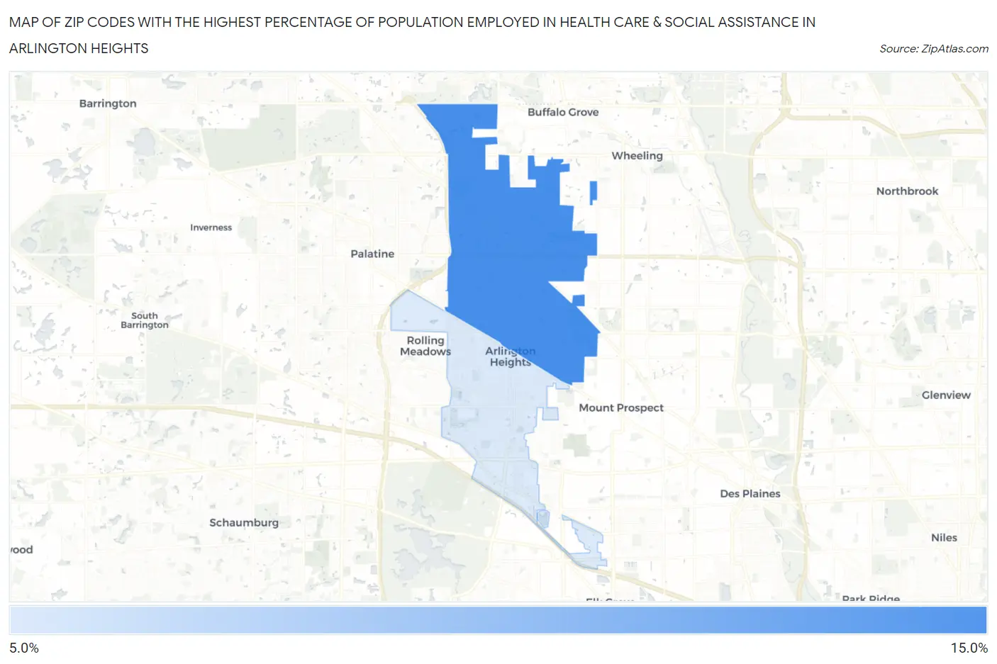 Zip Codes with the Highest Percentage of Population Employed in Health Care & Social Assistance in Arlington Heights Map